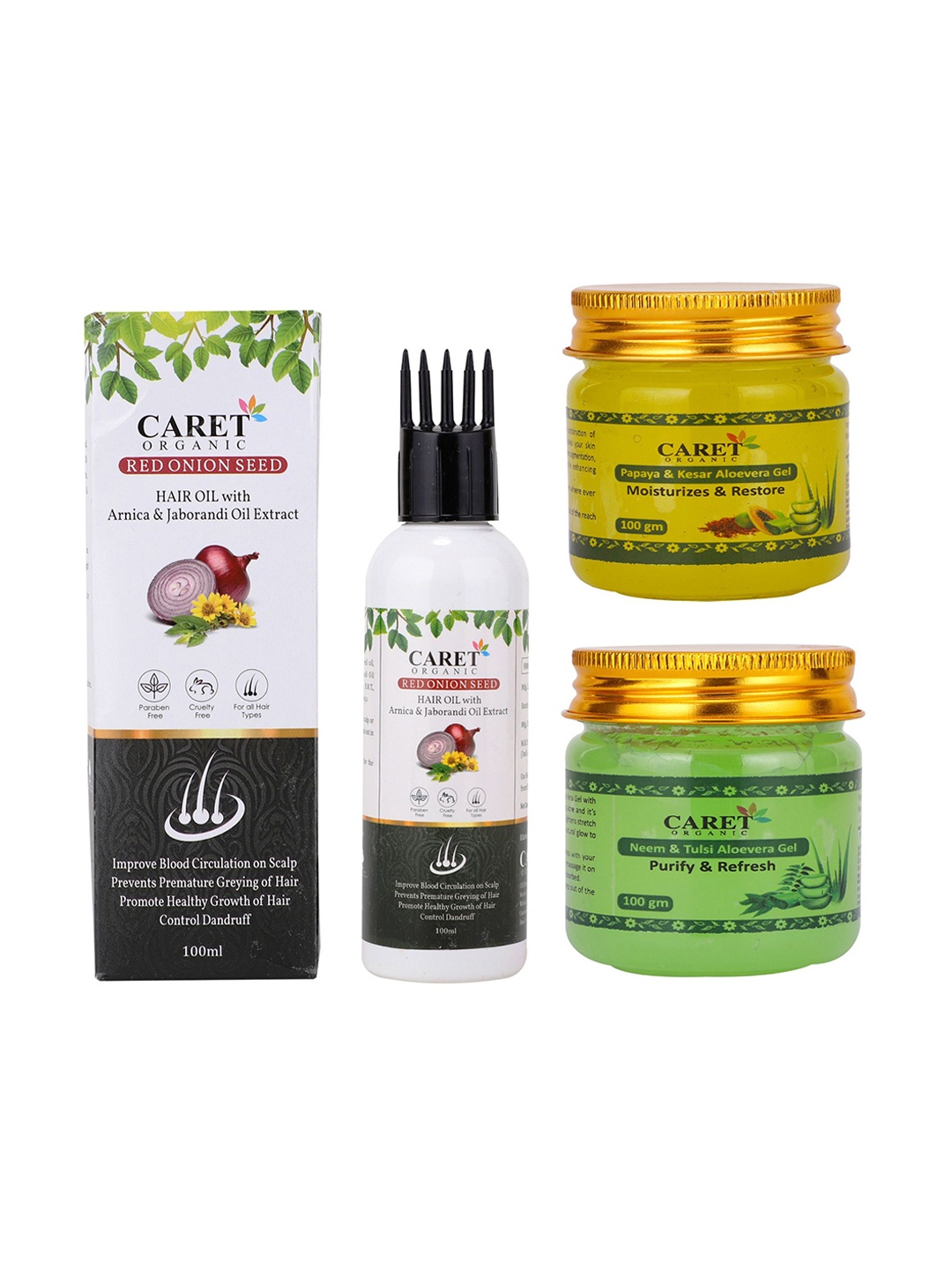 

CARET ORGANIC Papaya, Kesar Gel & Neem, Tulsi & Aloe Vera Gel With Red Onion Seed Oil, White