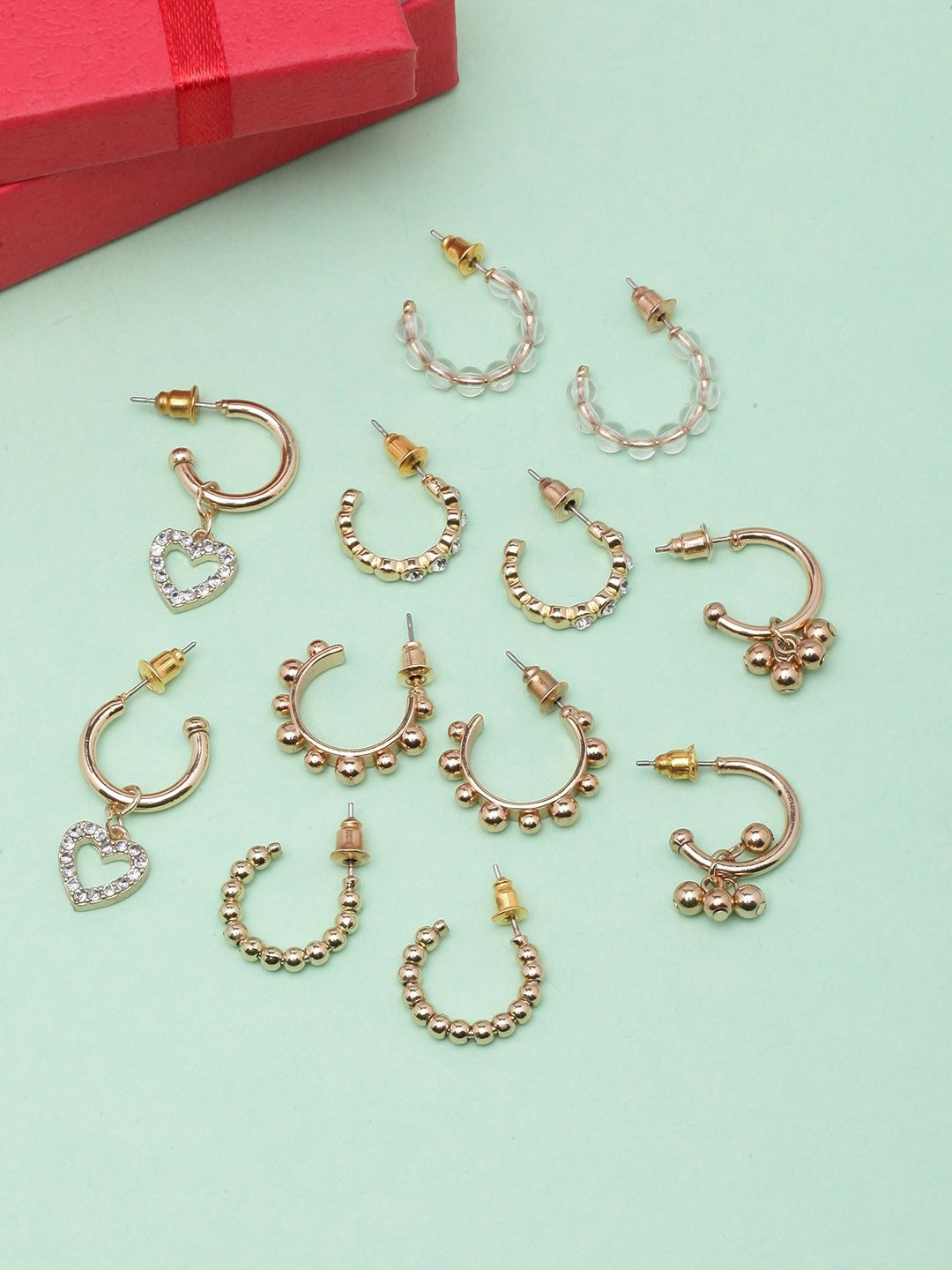 

KPOP Set Of 6 Rose Gold Plated Rhinestone Circular Half Hoop Earrings