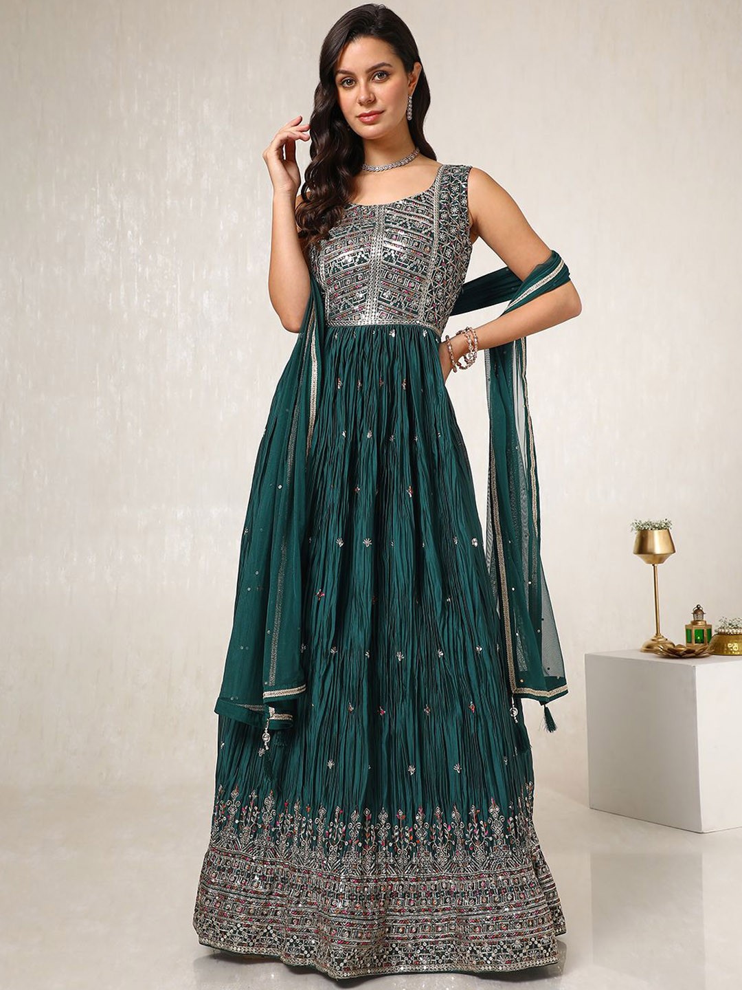 

Soch Women Geometric Embroidered Regular Anarkali Kurta With Churidar With Dupatta, Green