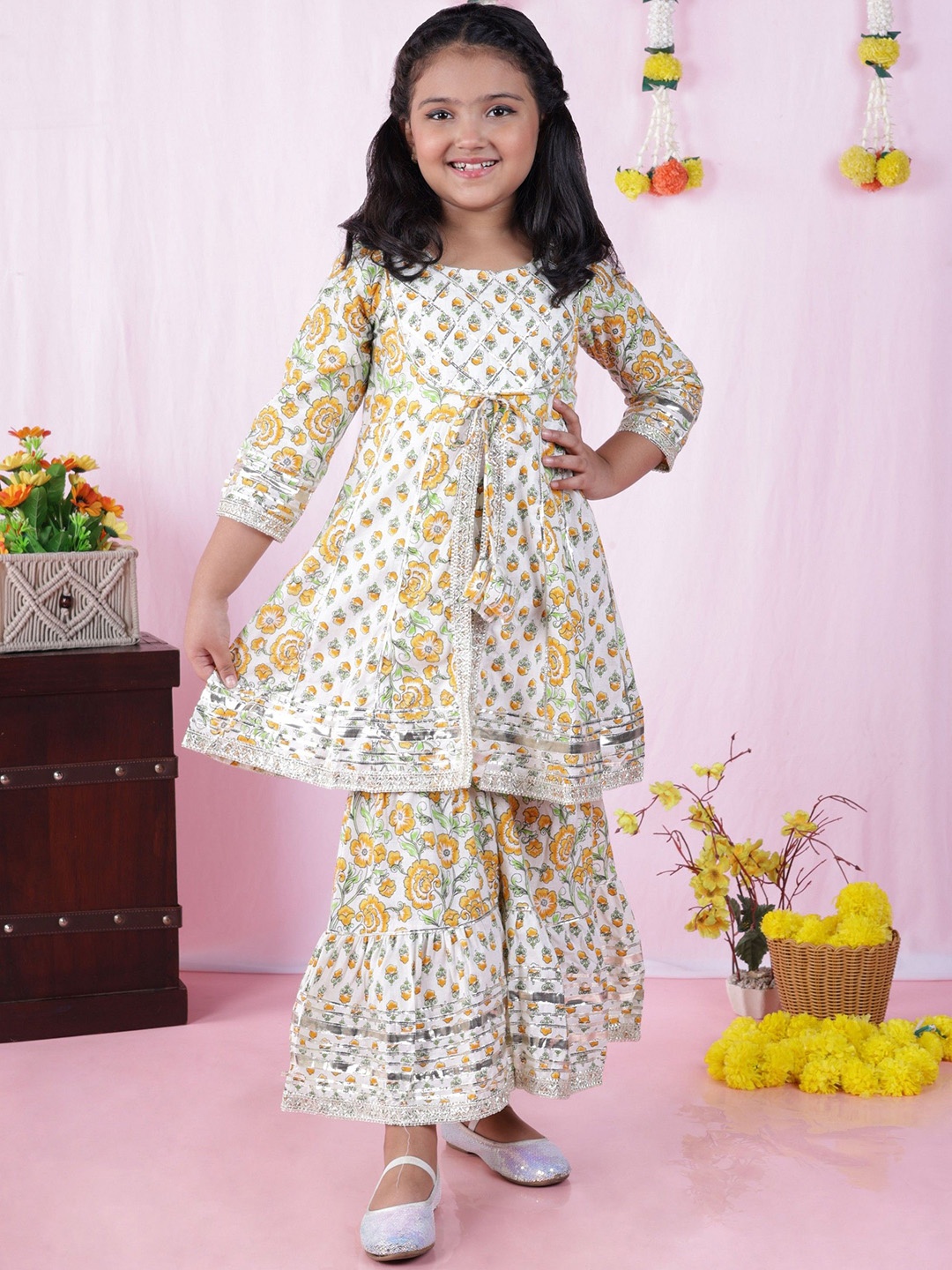 

AATYA KIIDS Girls Floral Printed Regular Pure Cotton Kurta with Sharara, White
