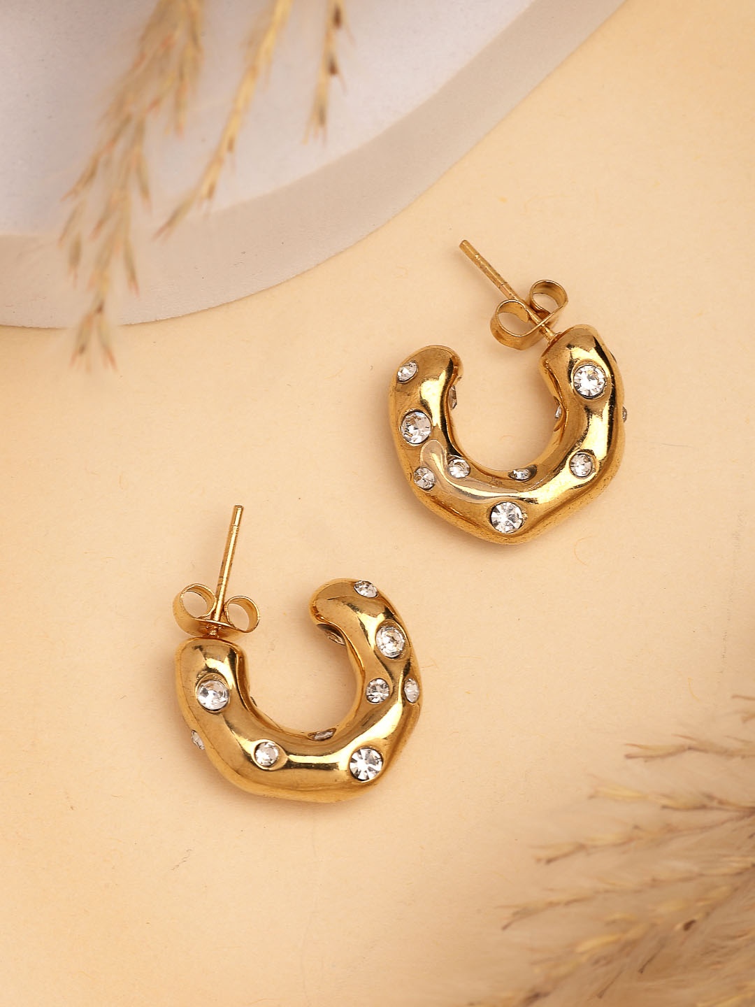 

NVR Gold-Plated CZ-Studded Contemporary Half Hoop Earrings