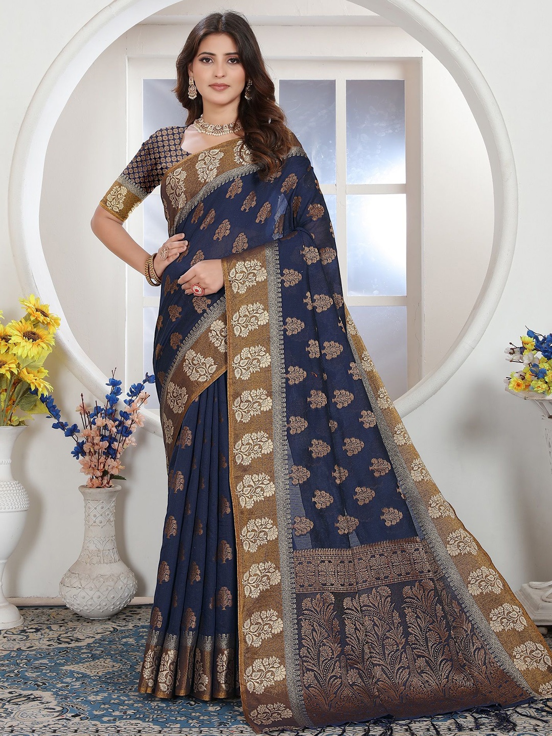 

MAHALASA Ethnic Motifs Pure Cotton Saree, Navy blue