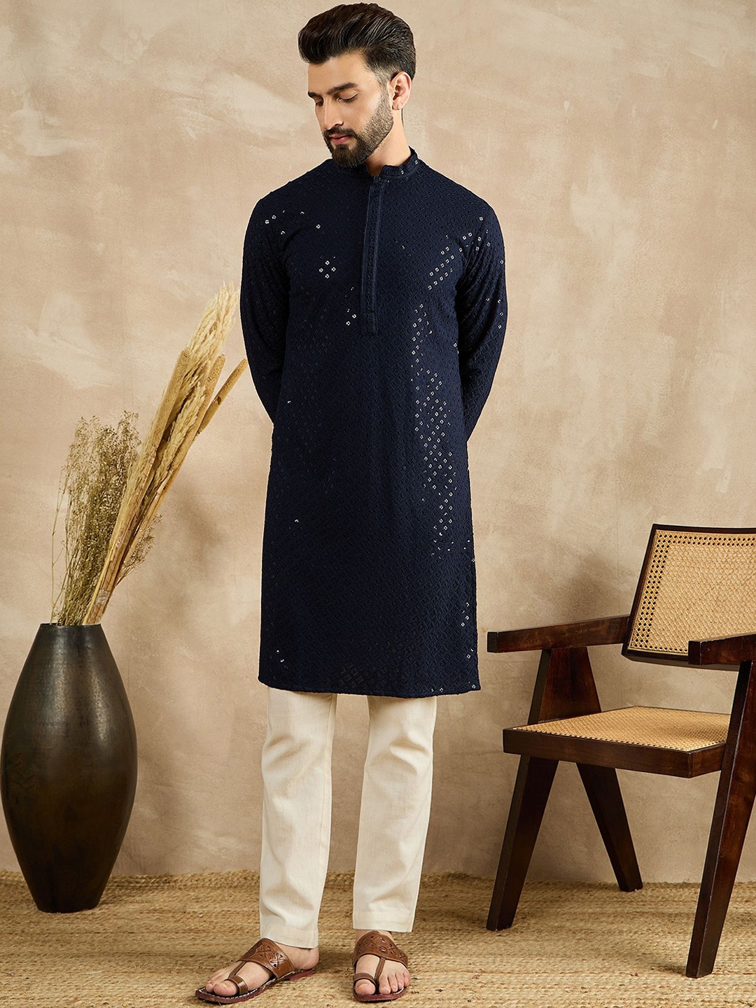 

House of Pataudi Embroidered Straight Kurtas, Navy blue