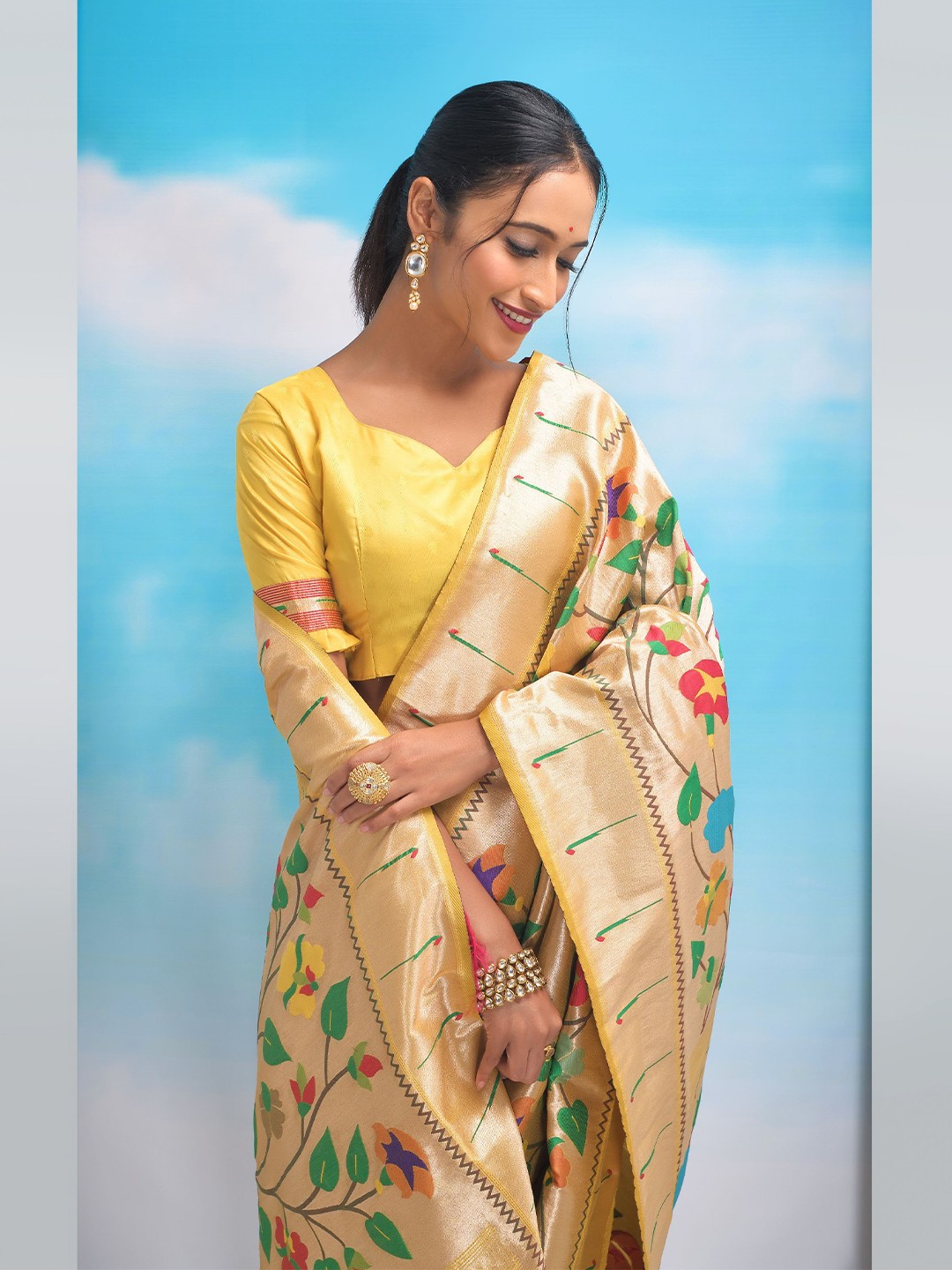 

Kandora Ethnic Motifs Woven Design Zari Pure Silk Banarasi Saree, Yellow