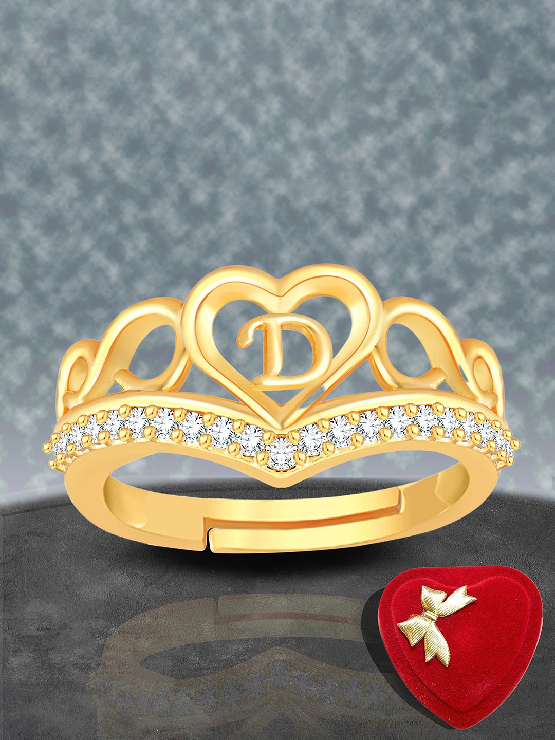 

Lila Gold-Plated American Diamond Stone Studded Alphabet D Adjustable Finger Ring