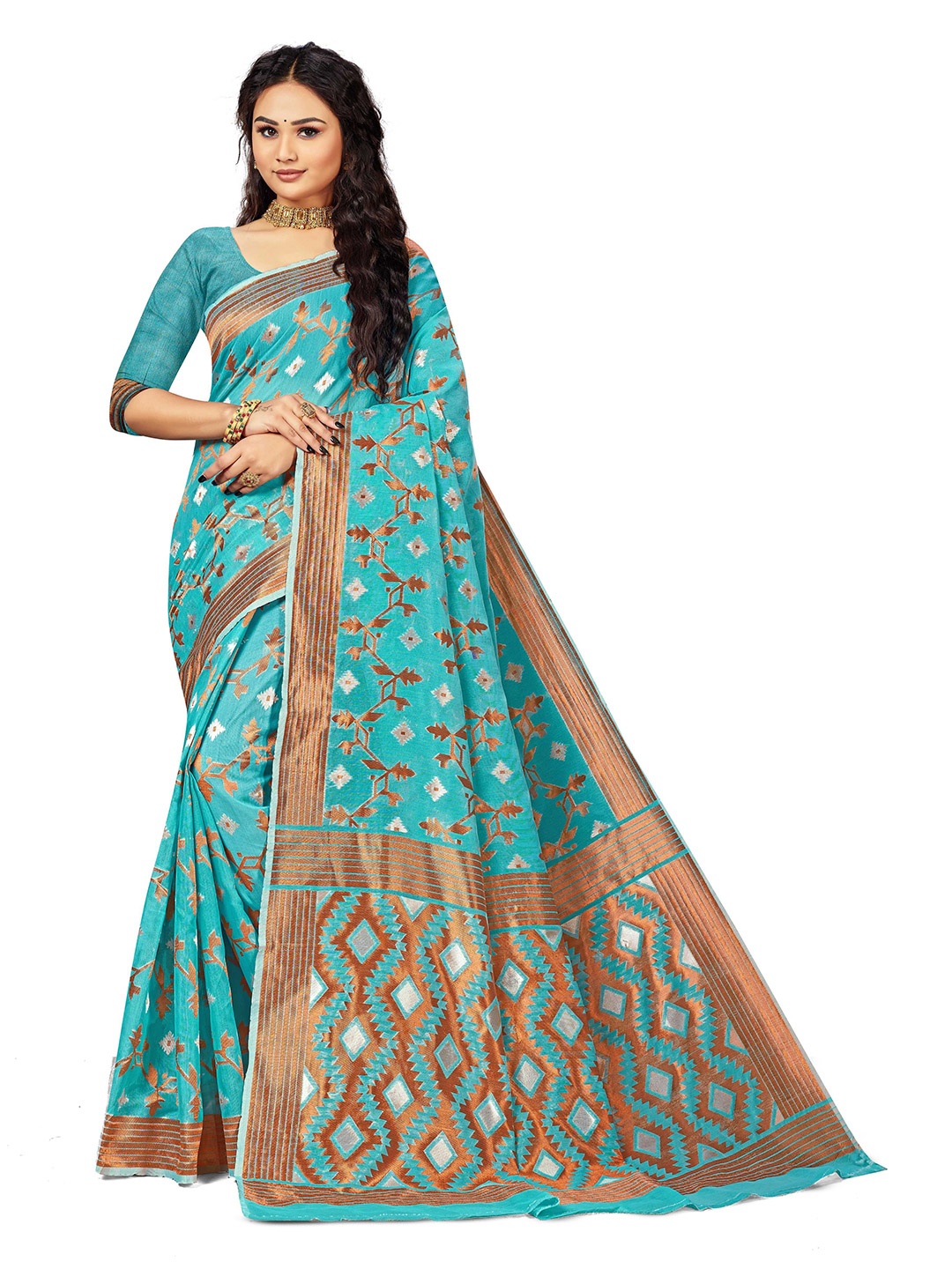 

Maroosh Ethnic Motifs Woven Design Zari Saree, Turquoise blue