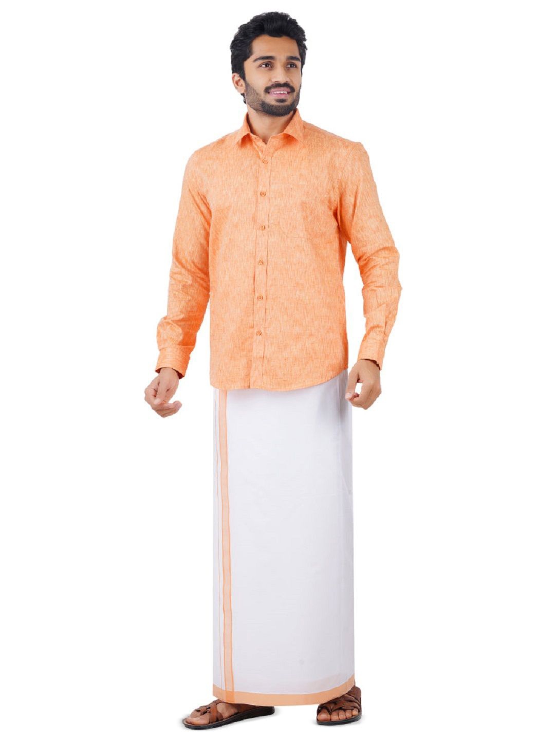 

Ramraj Men Pure Cotton Shirt With Adjustable Dhoti, Orange