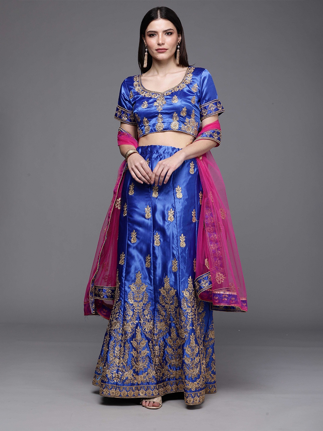 

Maroosh Embellished Beads and Stones Unstitched Lehenga & Blouse With Dupatta, Blue