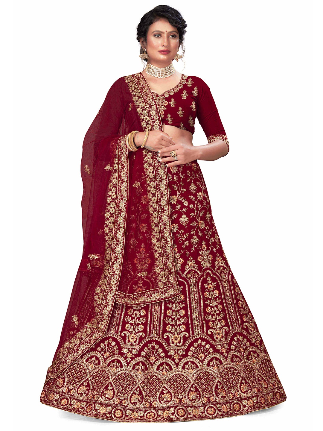 

Maroosh Embellished Thread Work Unstitched Lehenga & Blouse With Dupatta, Maroon