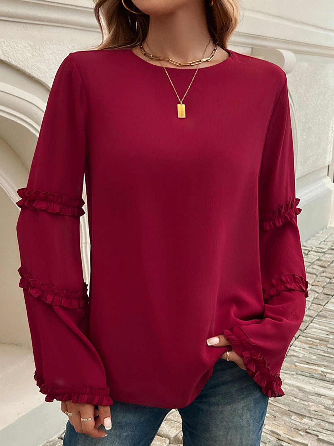 

StyleCast x Revolte Women Solid Round Neck Top, Maroon