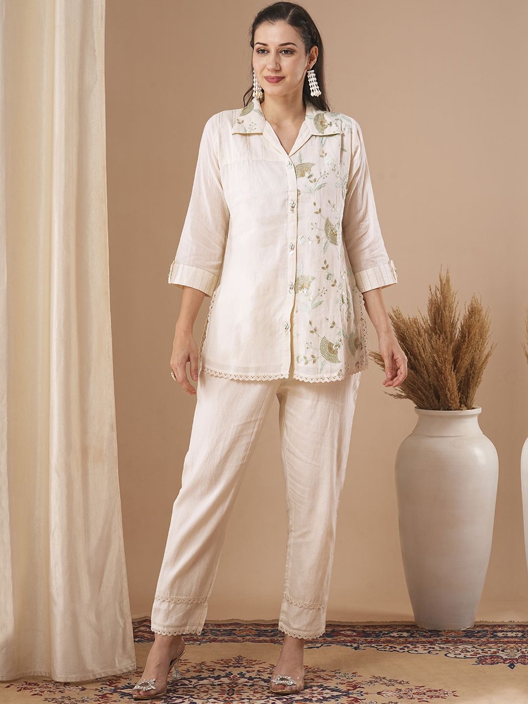 

FASHOR Embroidered Shirt With Trousers Co-Ords, Off white