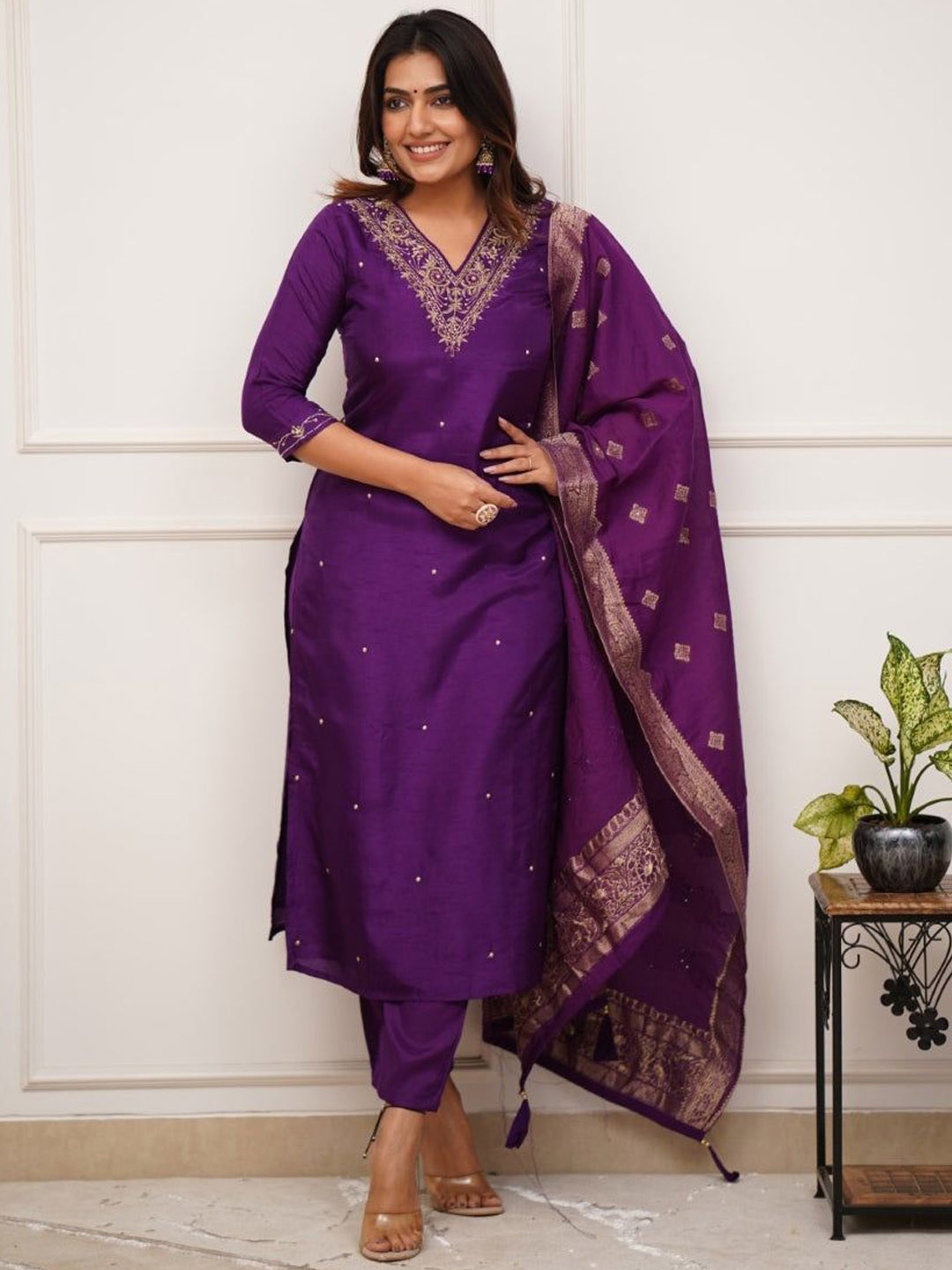 

KALINI Women Embroidered Kurta with Trousers & With Dupatta, Purple