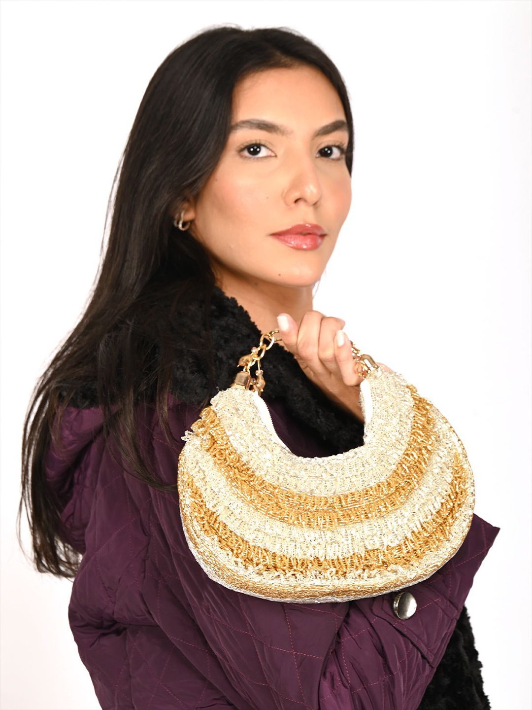 

ODETTE Embellished Half Moon Clutch, White