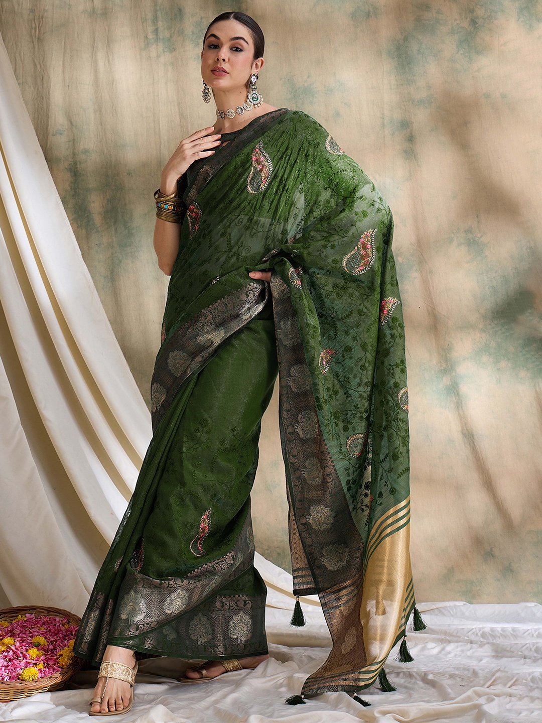 

Sangria Floral Printed Embroidered Saree With Blouse, Olive