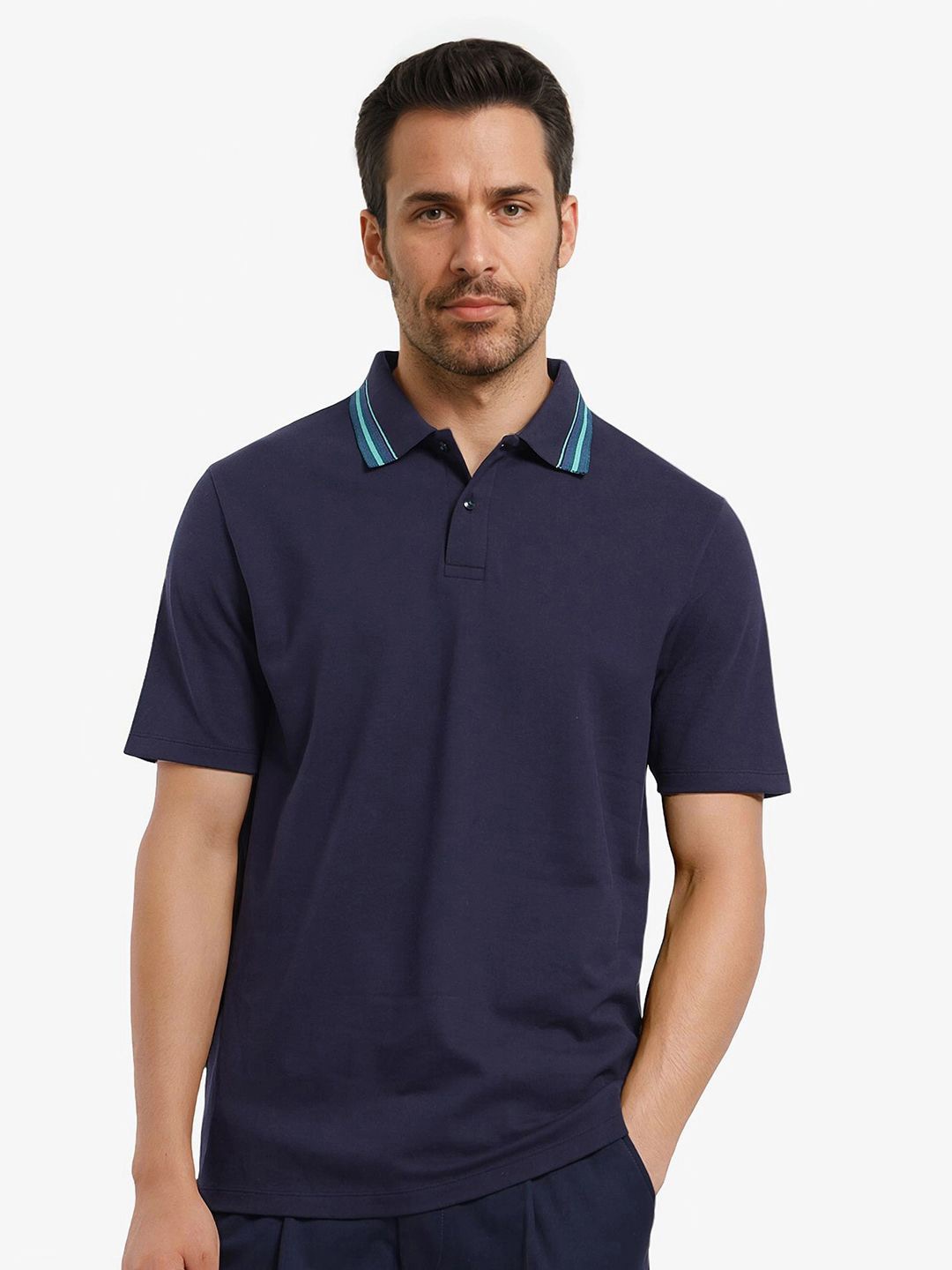 

RARE RABBIT Men Solid Polo Collar Cotton T-shirt, Navy blue