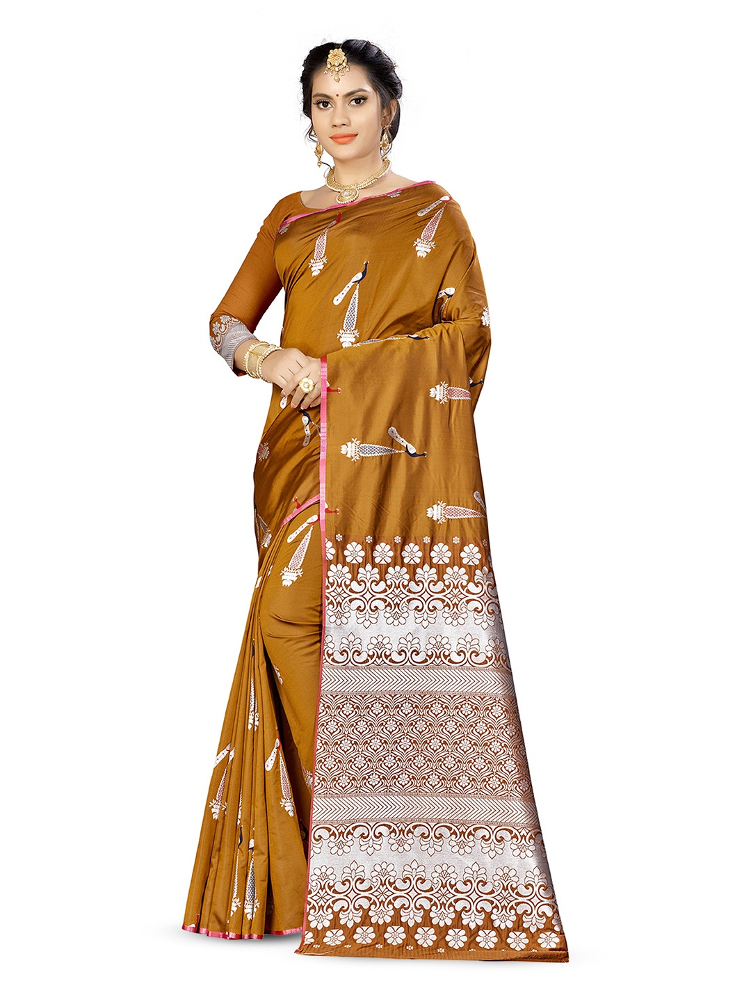 

Maroosh Woven Design Banarasi Saree With Zari Border, Orange