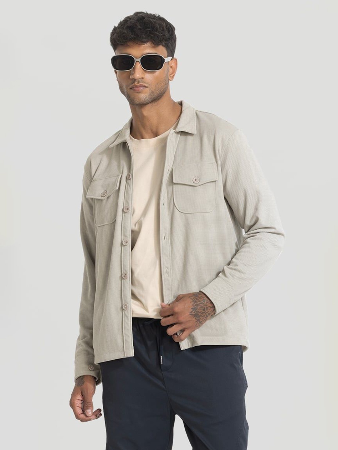 

Snitch Men Self Design Spread Collar Open Front Jacket, Beige