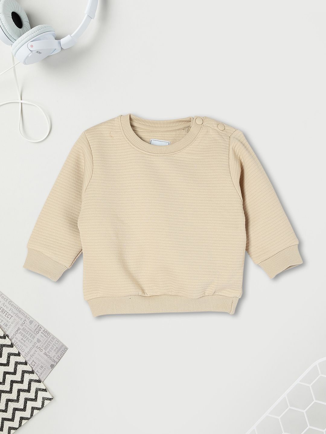 

max Boys Solid Round Neck Cotton Pullover Sweatshirt, Beige