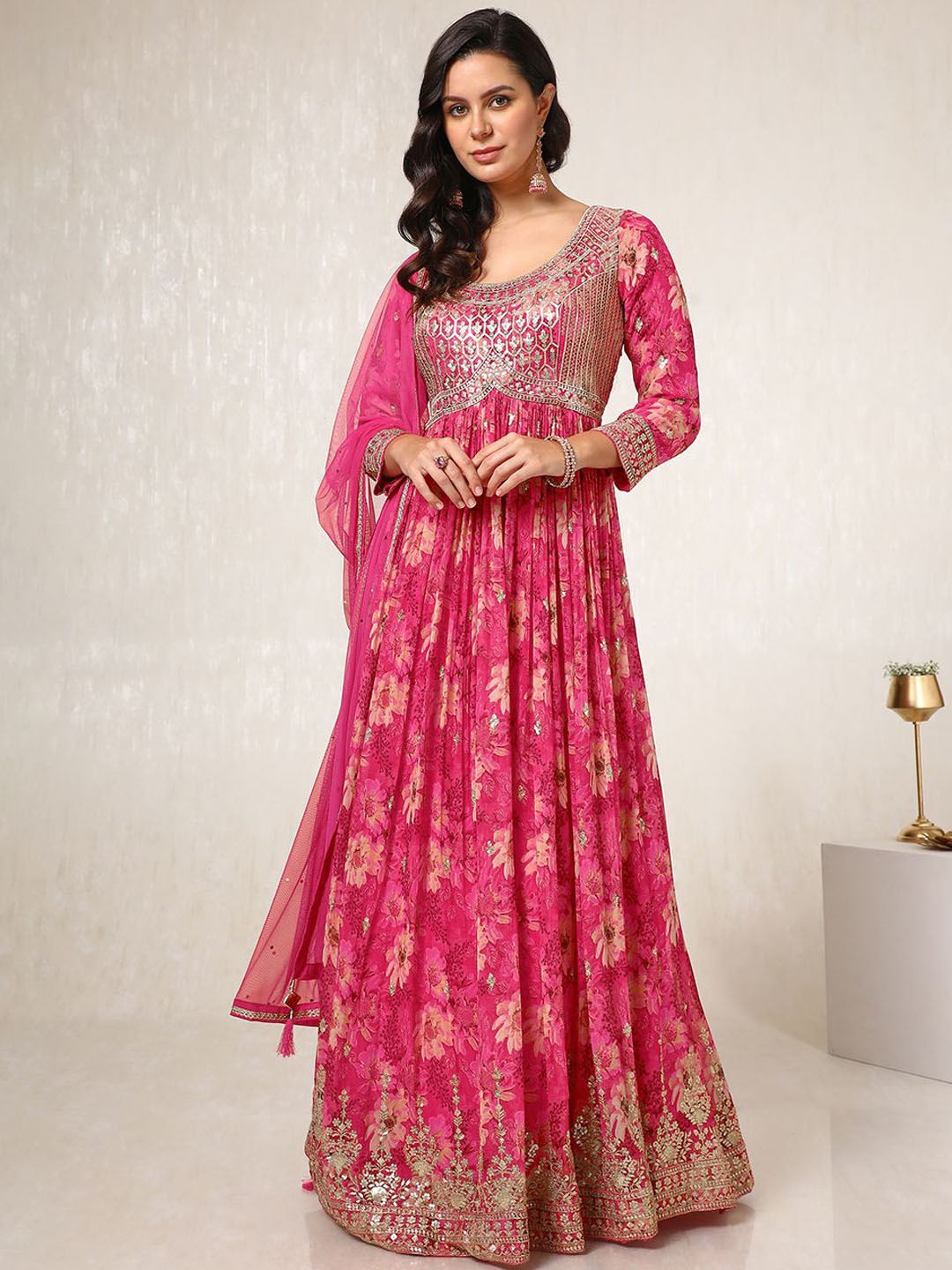 

Soch Floral Printed Round Neck Sequinned Georgette Kurta With Churidar With Dupatta, Pink