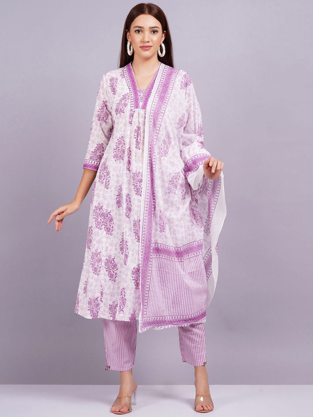 

JC4U Floral Printed V-Neck Pure Cotton A-Line Kurta with Trouser & Dupatta, Purple