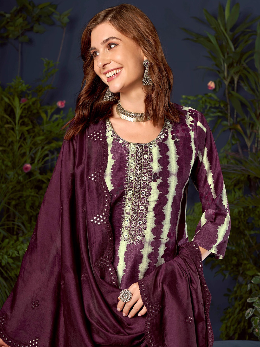 

Anouk Women Embroidered Mirror Work Chanderi Silk Kurta with Trousers Dupatta, Maroon