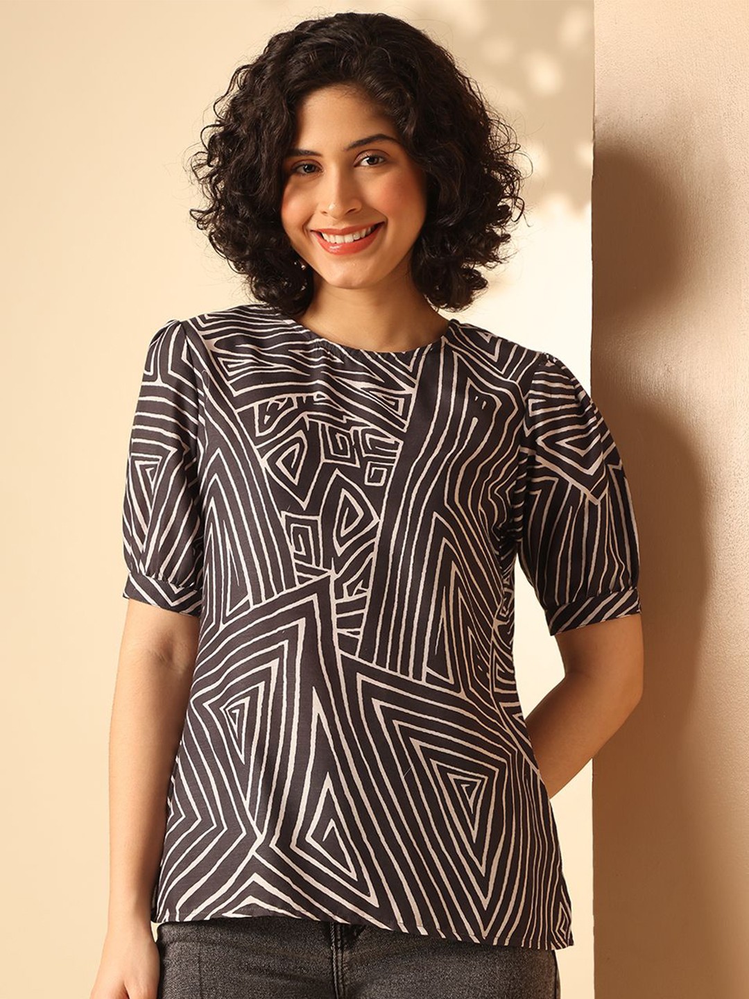 

Anouk Rustic Women Abstract Printed Round Neck Top, Black