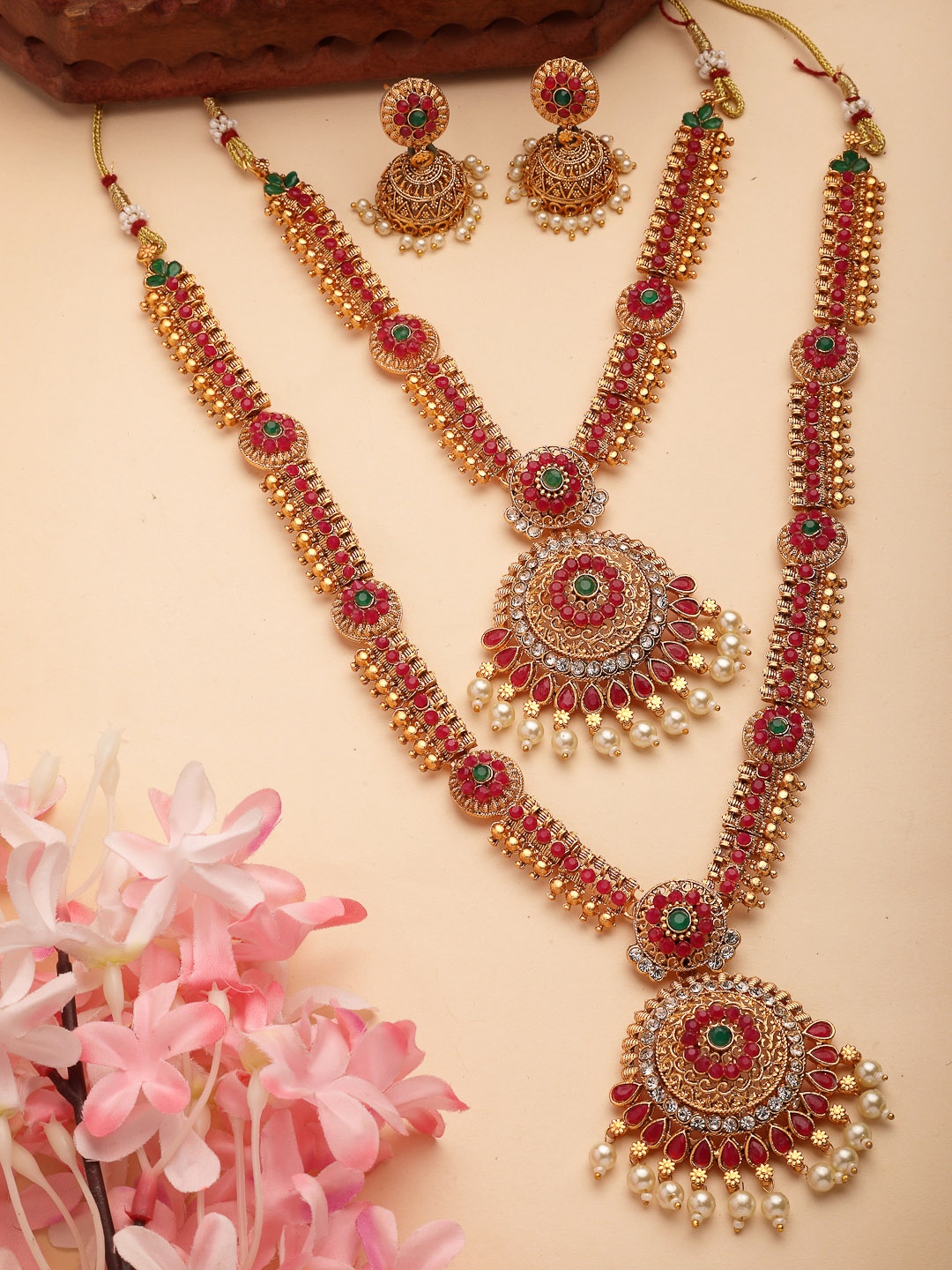 

NVR Gold-Plated Stone- Studded & Beaded Temple Jewellery Set