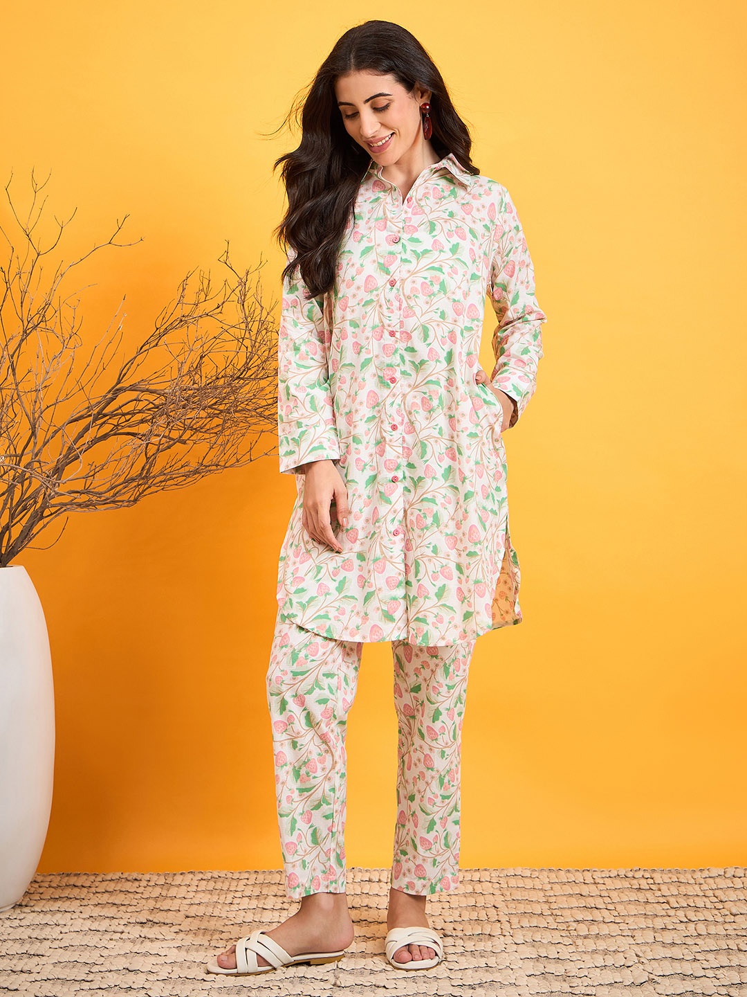 

The Kaftan Company Printed Pure Cotton Shirt & Trouser Co-Ords, Off white