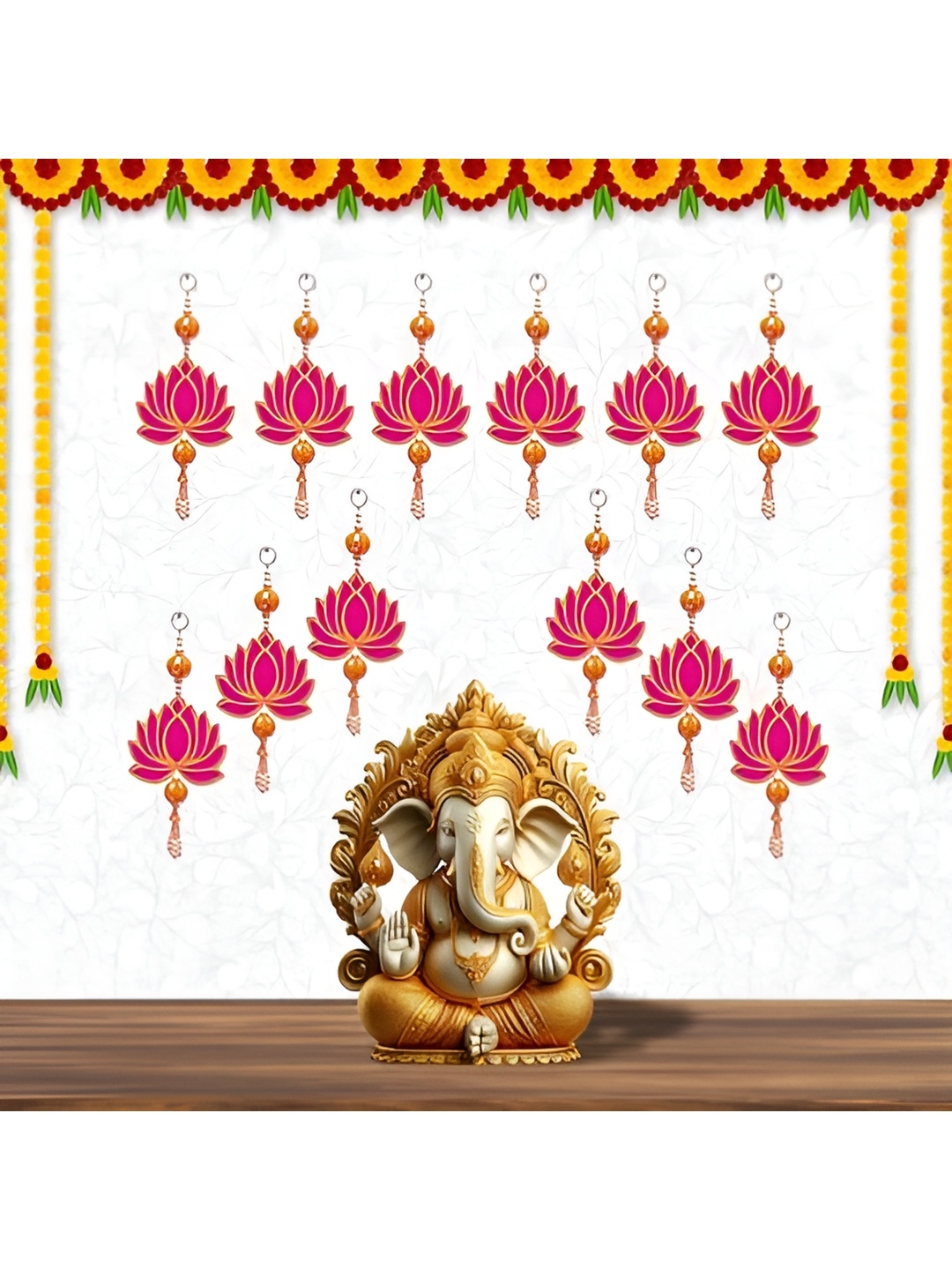 

Perpetual 12 Pieces Pink & Yellow Wooden Lotus Toran Hanging
