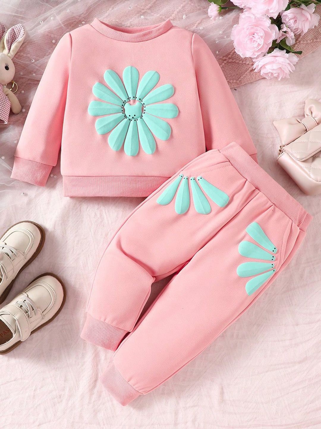 

INCLUD Girls Printed Sweatshirt with Trouser Clothing Set, Pink