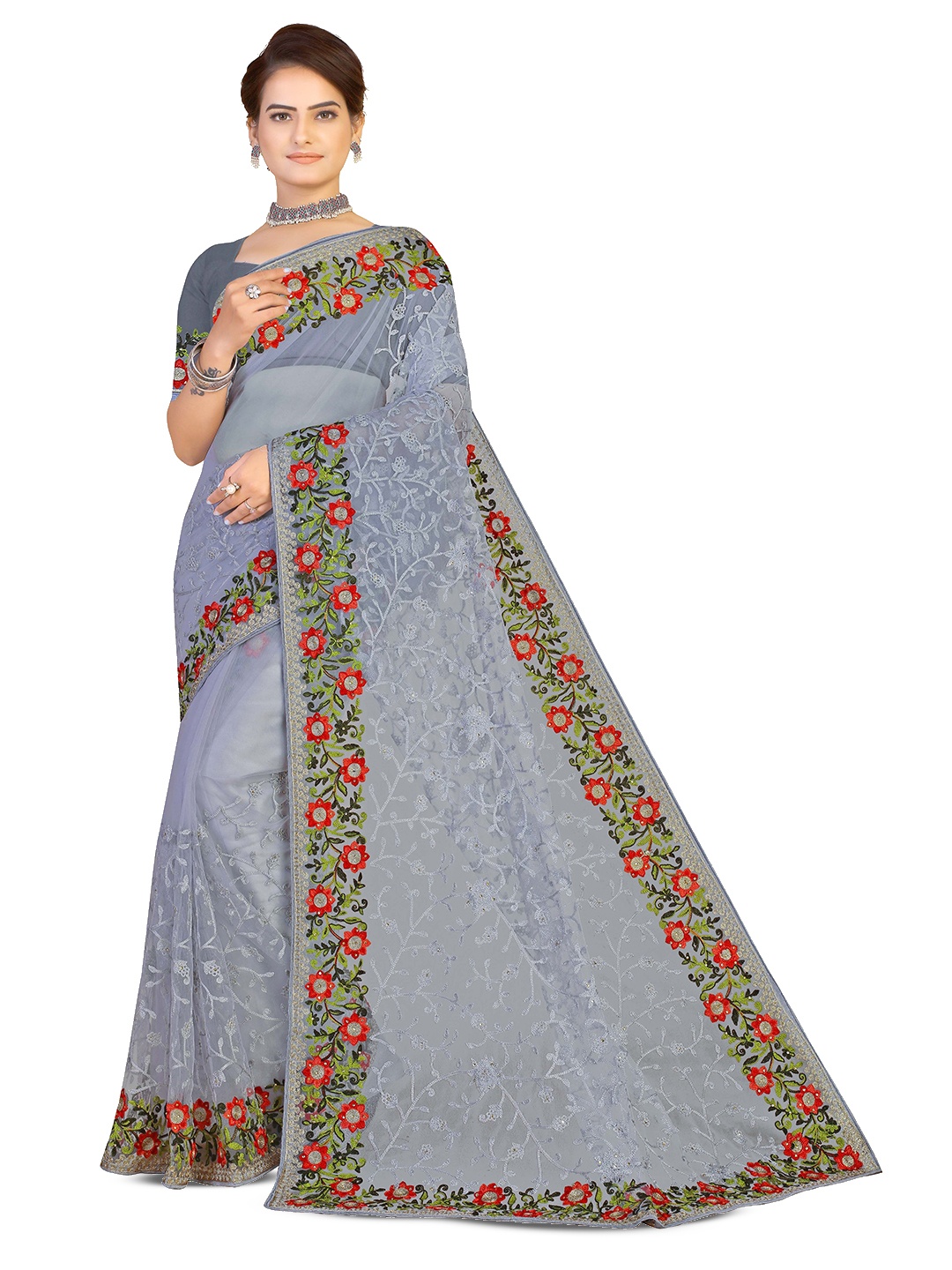 

Maroosh Ethnic Motifs Embroidered Net Saree, Grey