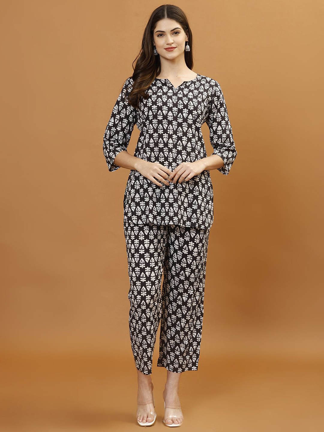 

Meena Bazaar Printed Round Neck Three-Quarter Sleeves Top With Trouser, Black