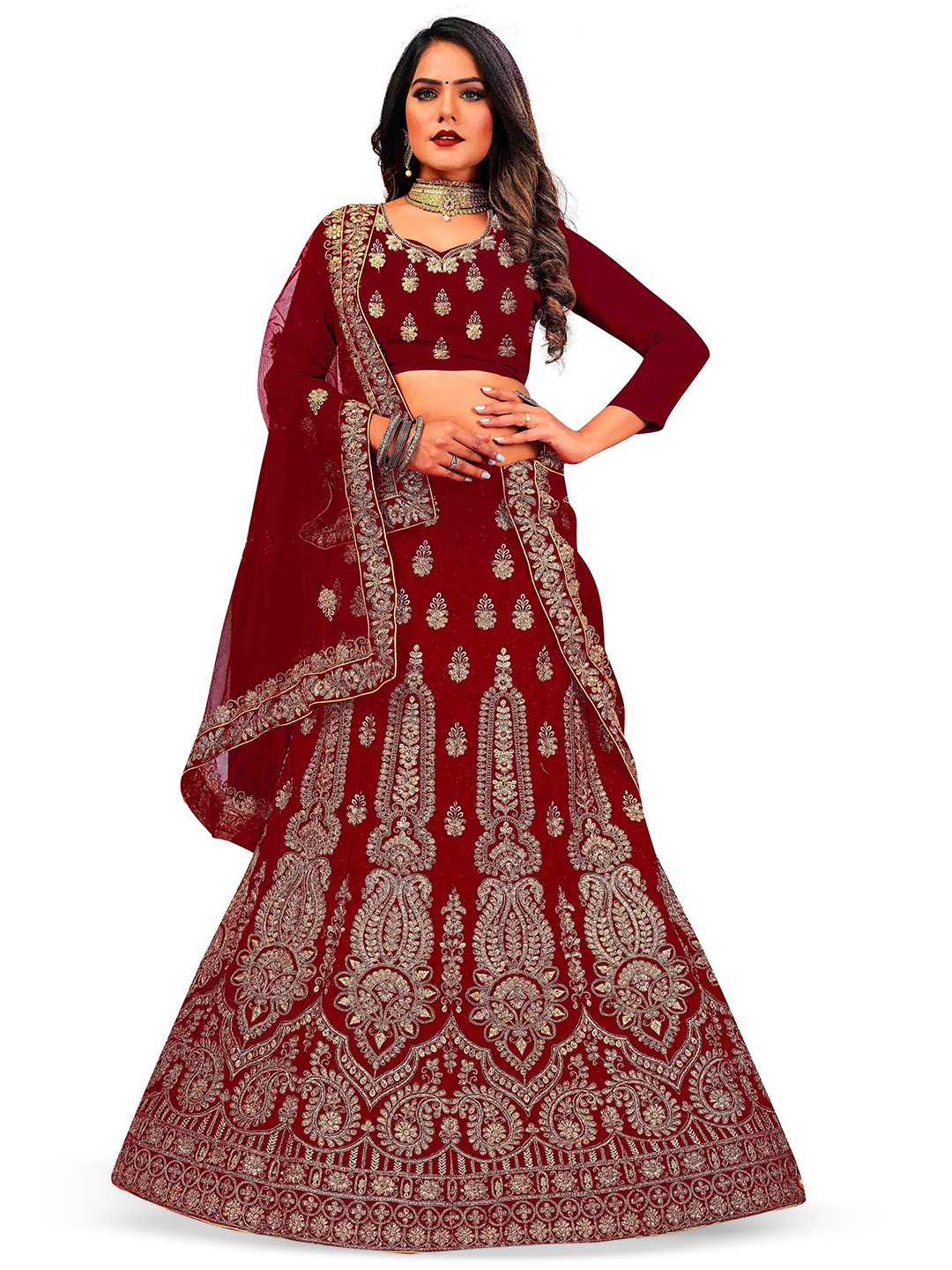 

Maroosh Embellished Thread Work Unstitched Lehenga & Blouse With Dupatta, Maroon