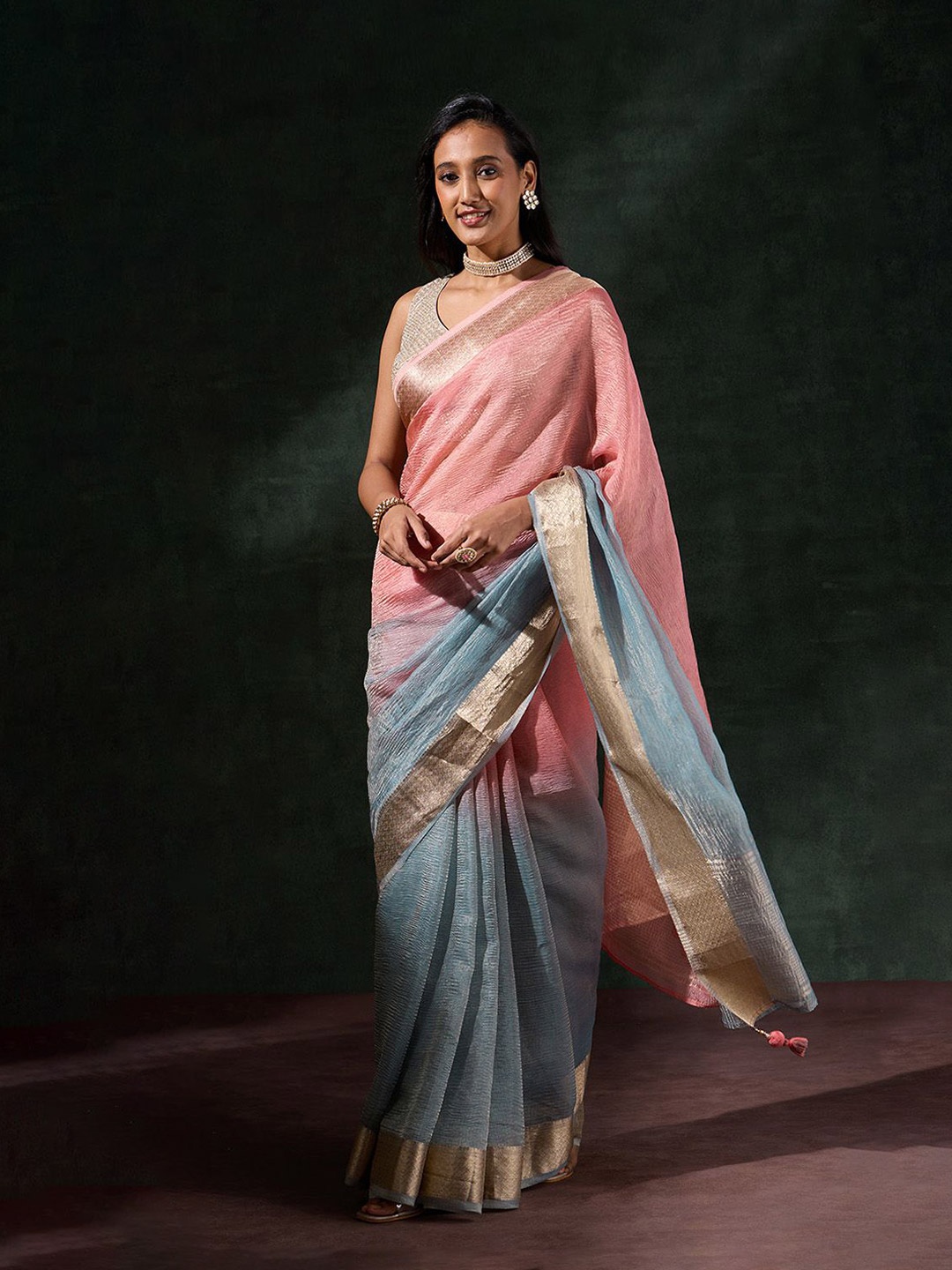 

Taneira Ombre Woven Design Zari Tissue Saree, Pink