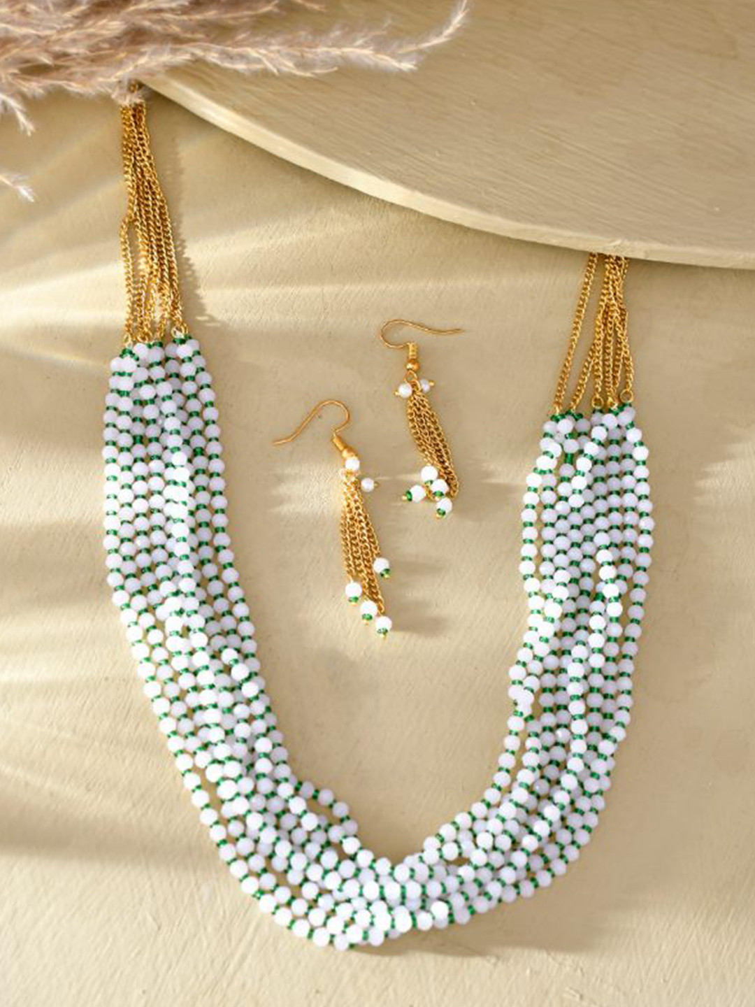 

DASTOOR Brass-Plated Stone-Studded & Beaded Necklace & Earrings, White