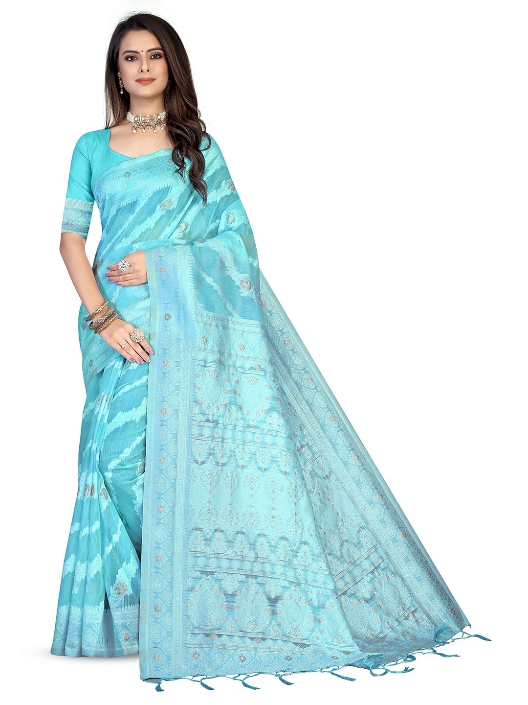 

Maroosh Ethnic Motifs Woven Design Zari Saree, Turquoise blue