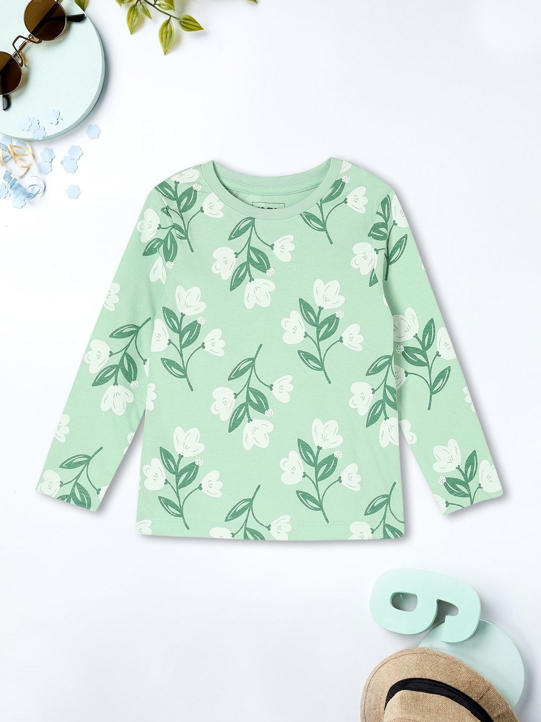 

max Girls Floral Printed Round Neck Cotton T-shirt, Green