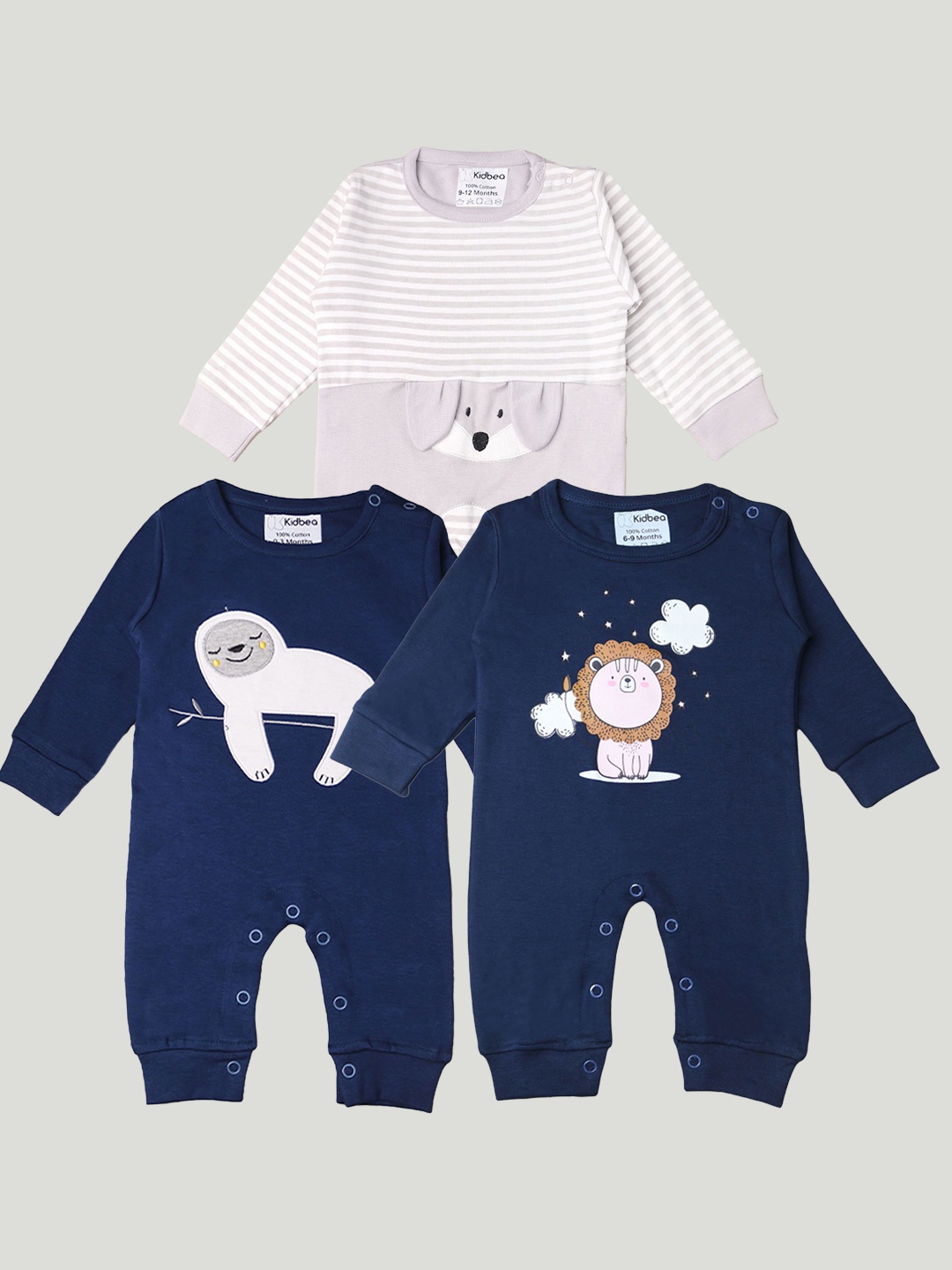 

Kidbea Infants Unisex Pack Of 3 Printed Organic Cotton Rompers, Navy blue