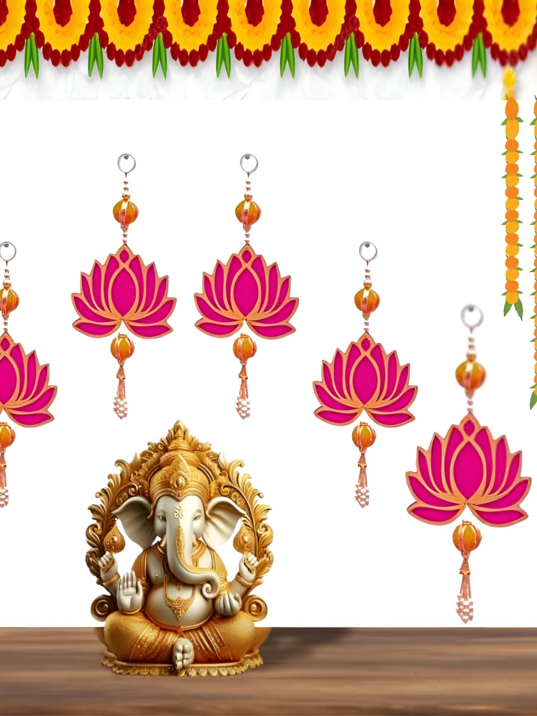 

Perpetual 6-Pcs Pink & Yellow Wooden Lotus Hanging Toran Festive Decor