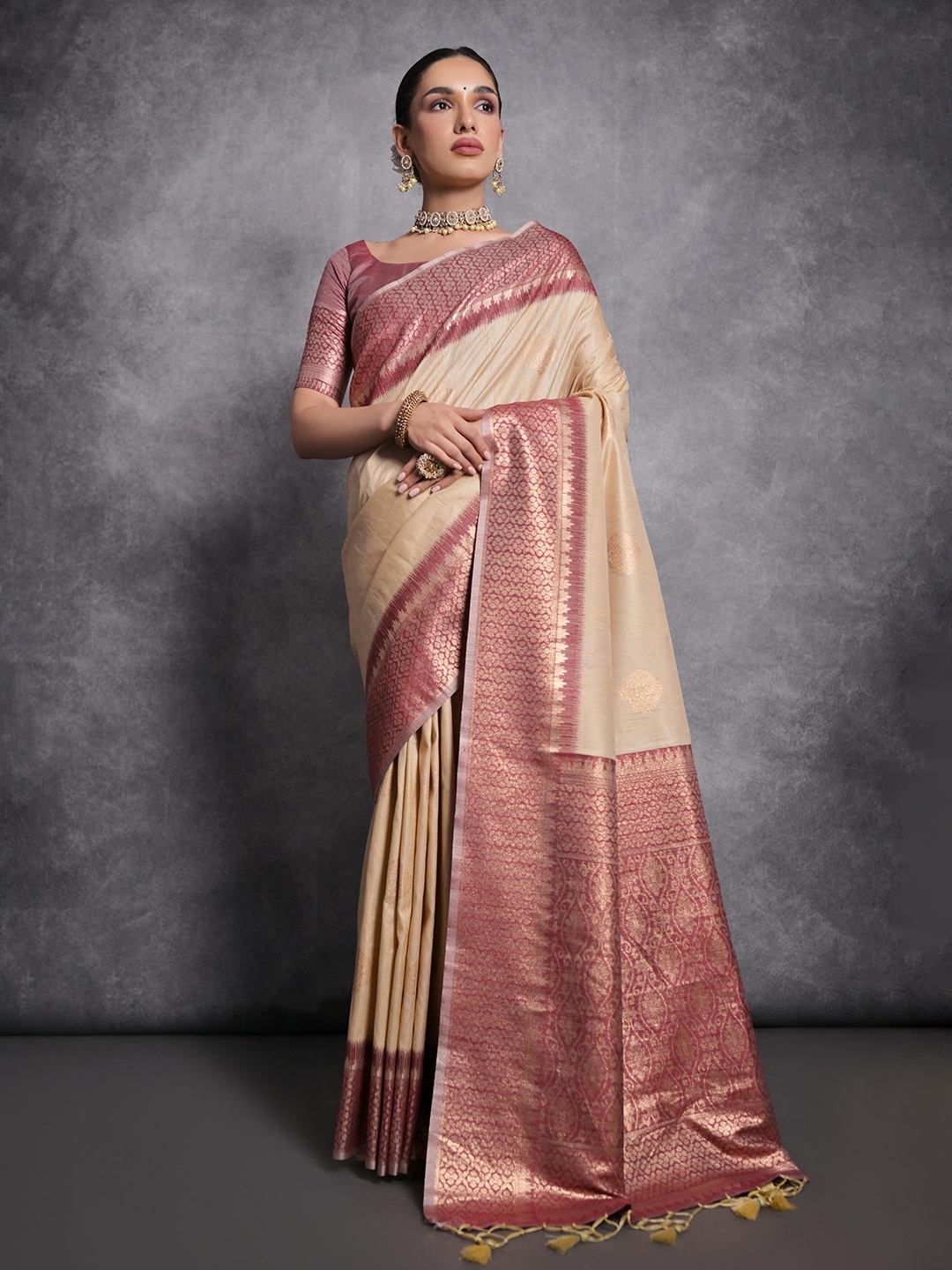 

Kandora Woven Design Zari Pure Silk Tussar Saree, Cream