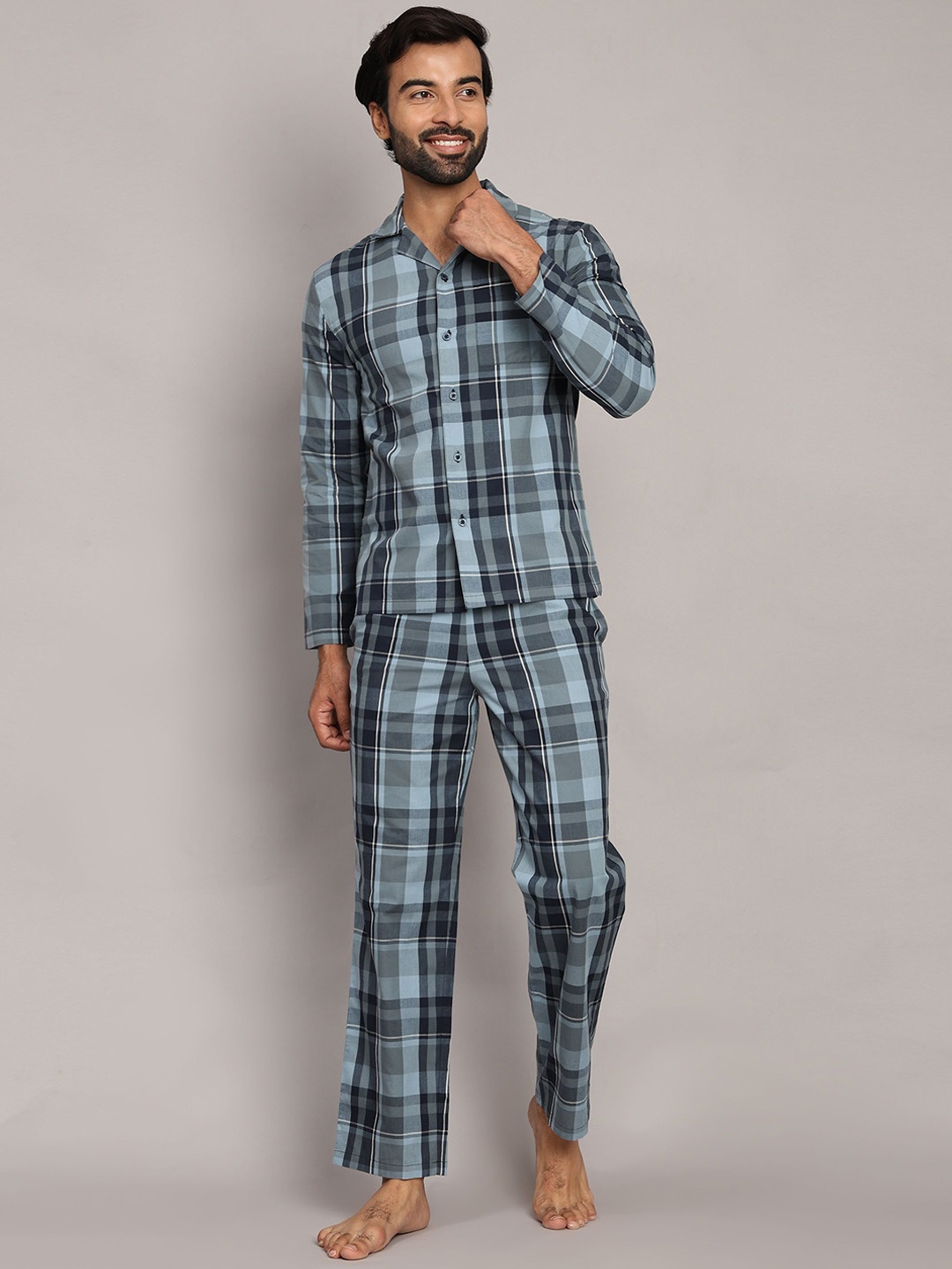 

BStories Men Checked Night suit, Grey