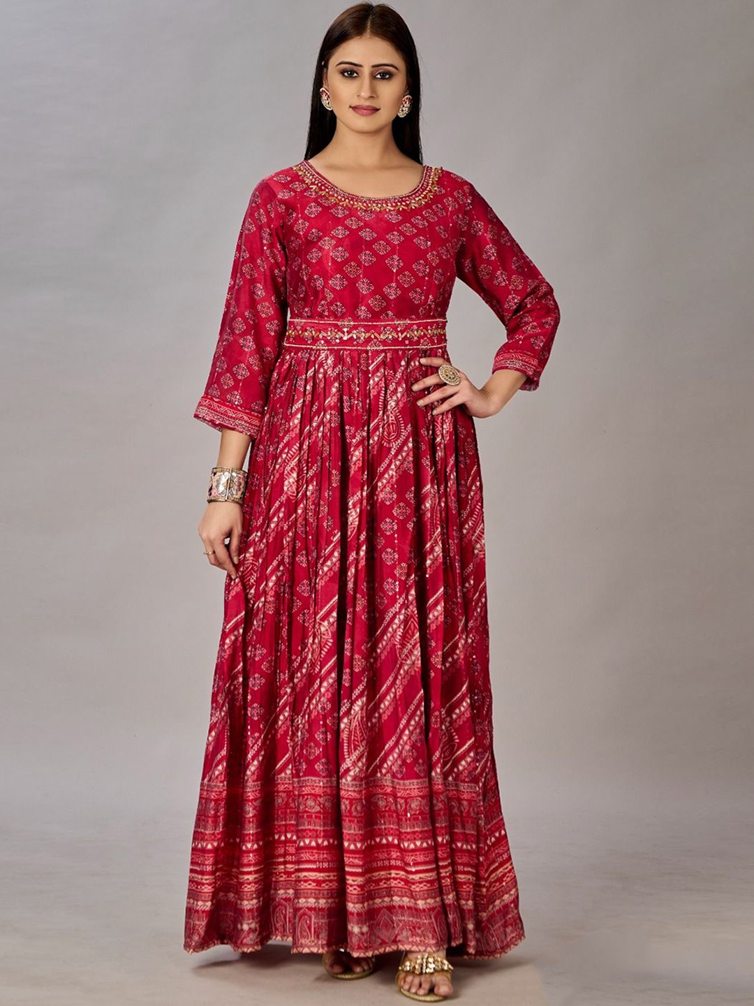 

JIVORA Ethnic Motifs Print Maxi Dress Comes with a belt, Red