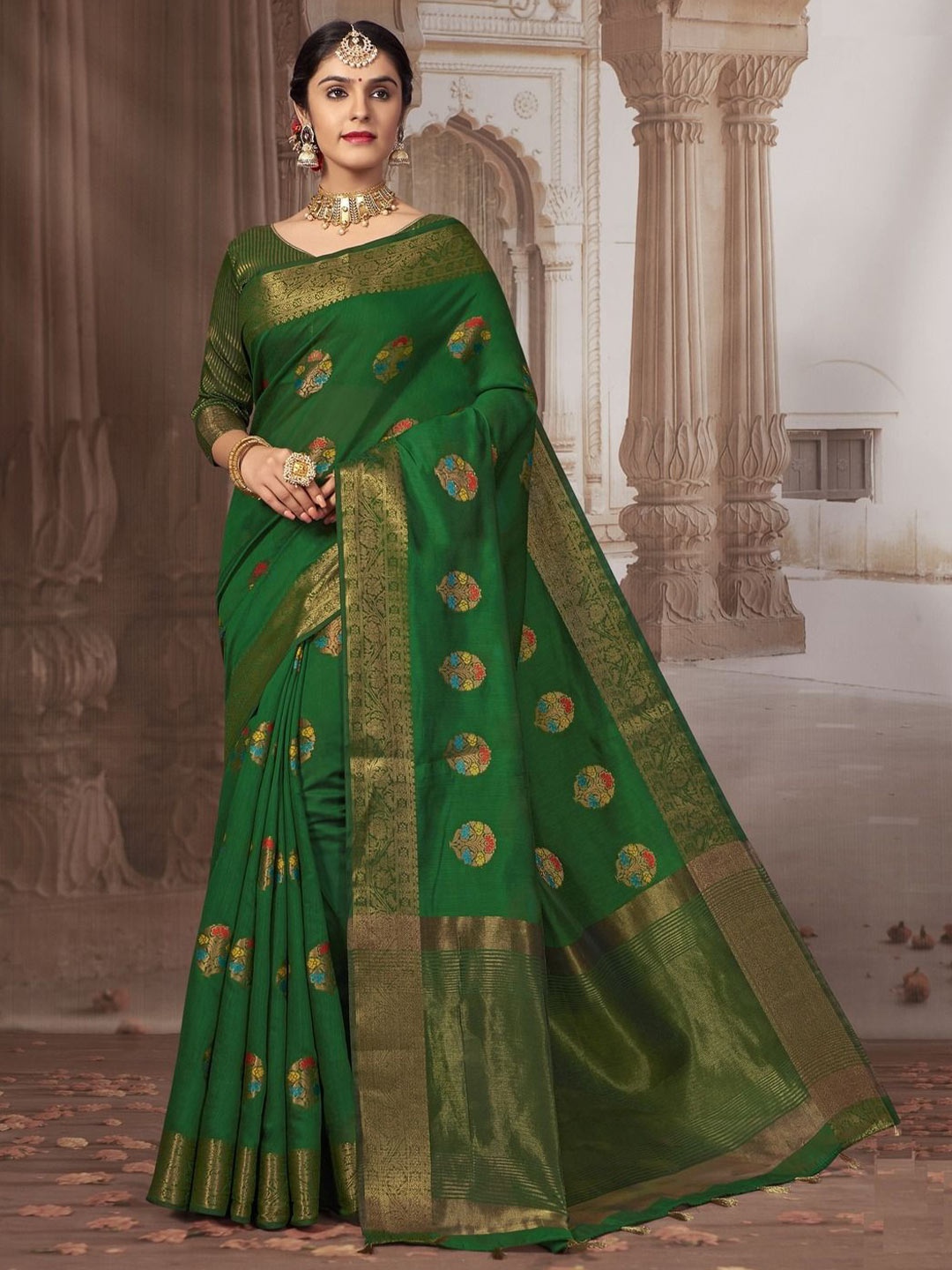 

MAHALASA Ethnic Motifs Zari Pure Cotton Banarasi Saree, Green