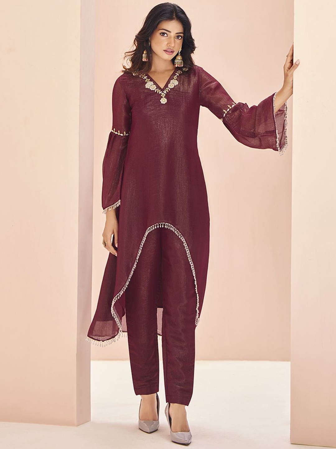 

Fusionic Floral Embroidered Regular Beads Work Organza A-Line Kurta With Trouser, Maroon