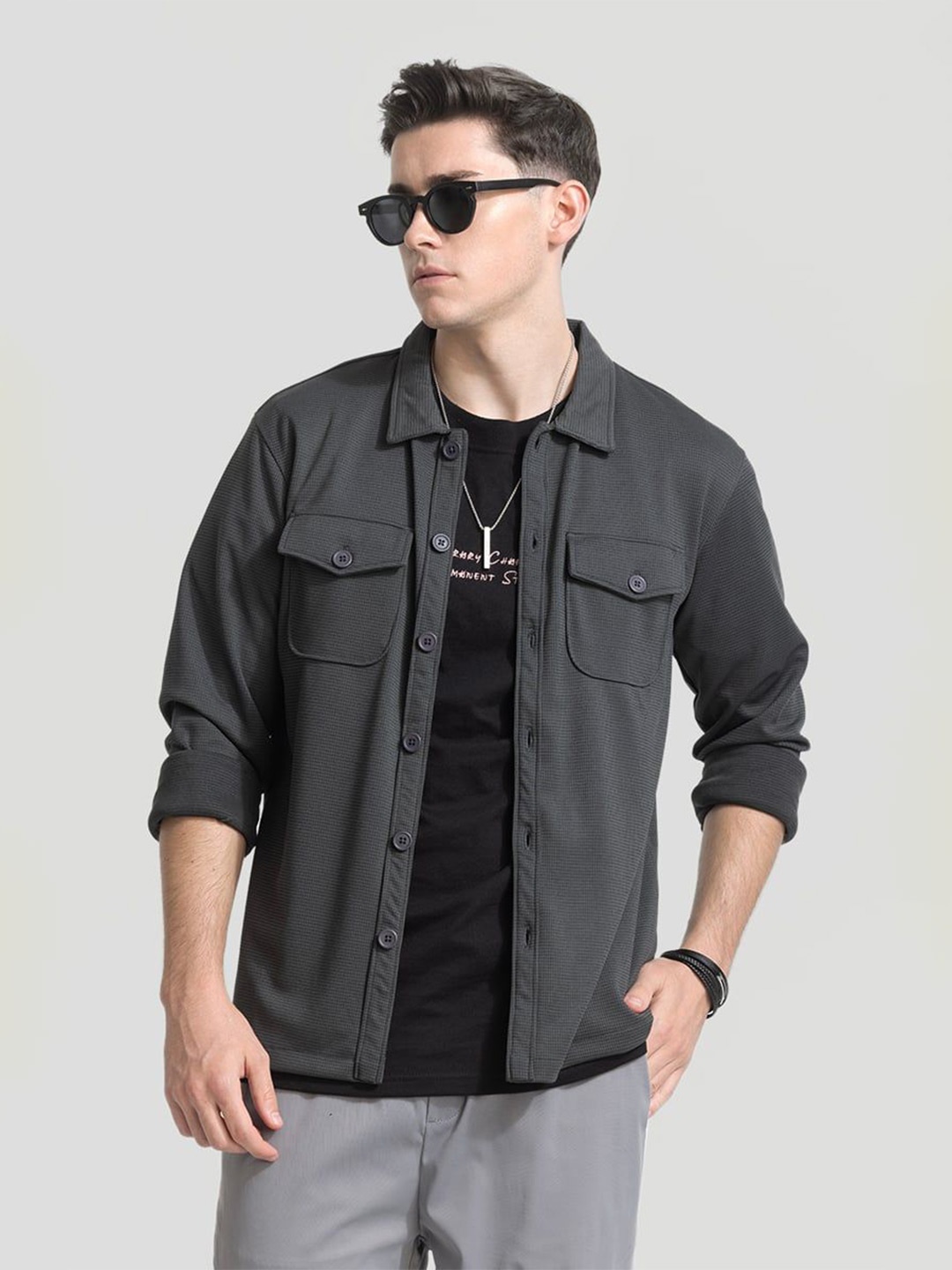 

Snitch Men Self Design Spread Collar Open Front Jacket, Grey