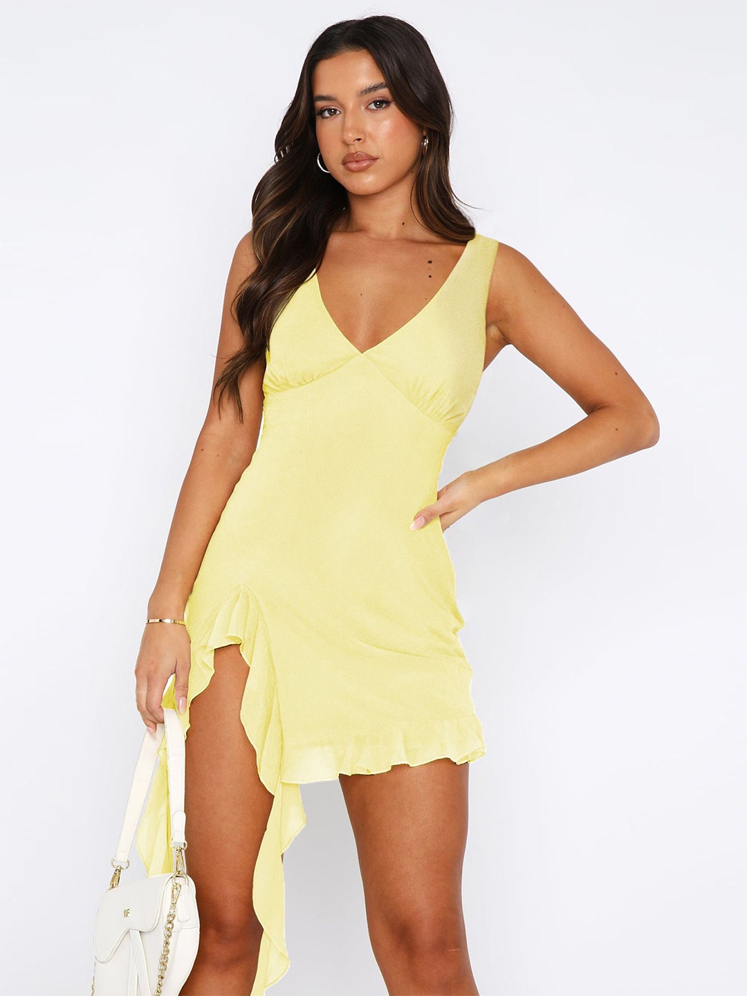 

HERE&NOW Women V-Neck Sleeveless A-Line Dress, Yellow