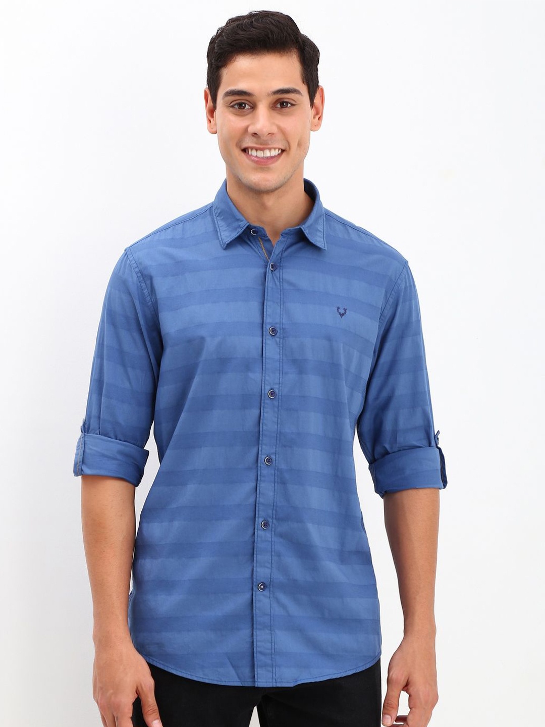 

Allen Solly Men Custom Spread Collar Horizontal Striped Cotton Casual Shirt, Blue