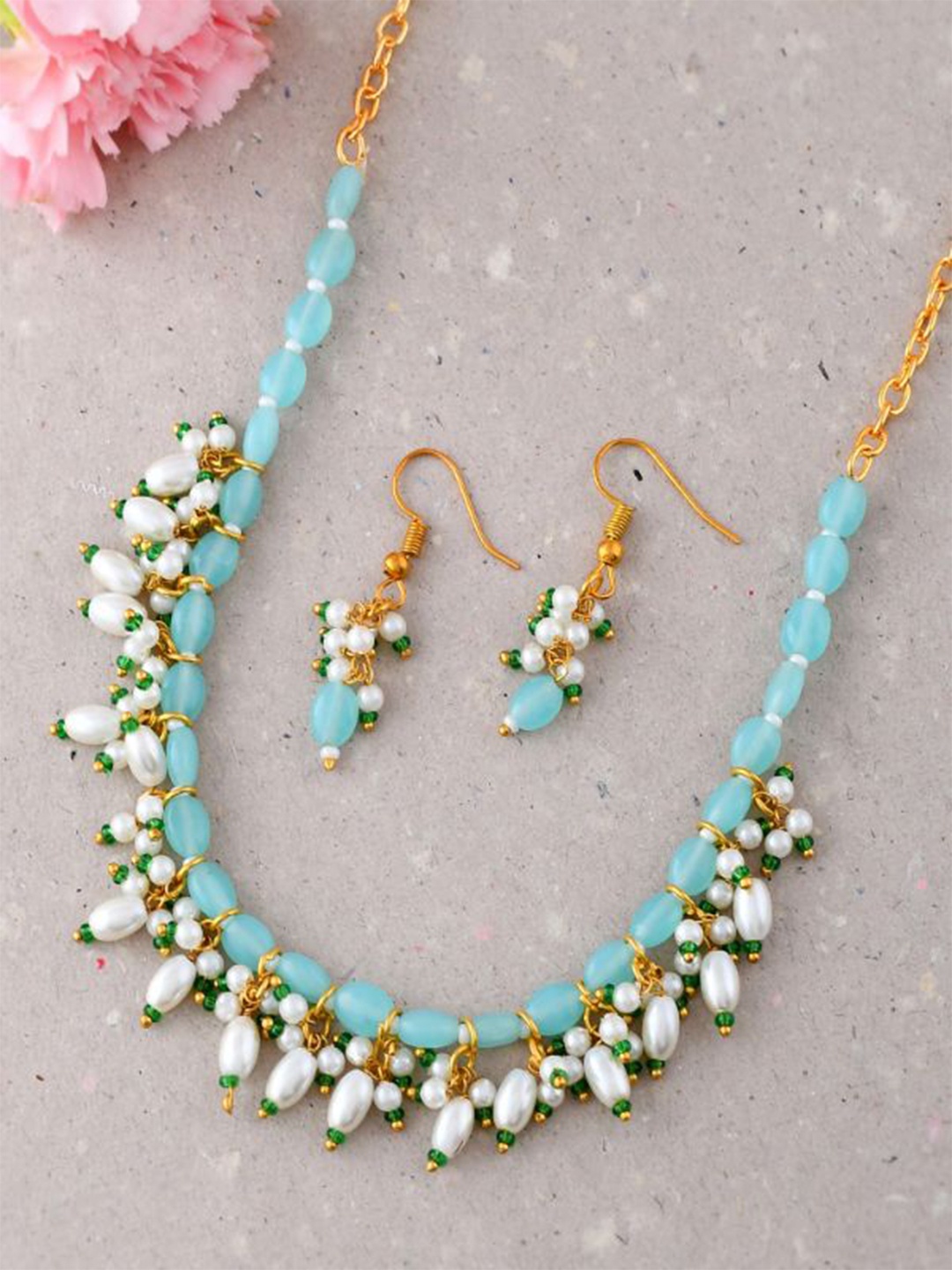 

DASTOOR Brass Plated Beaded Necklace and Earrings, Gold