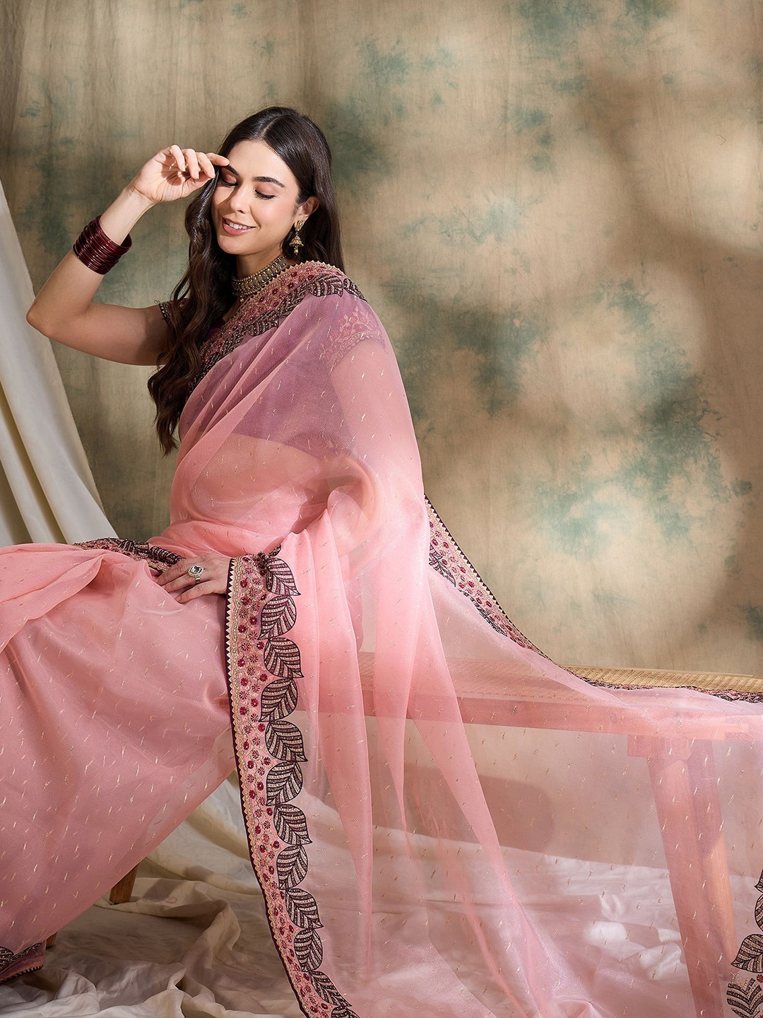 

Sangria Embroidered Saree With Blouse Piece, Pink