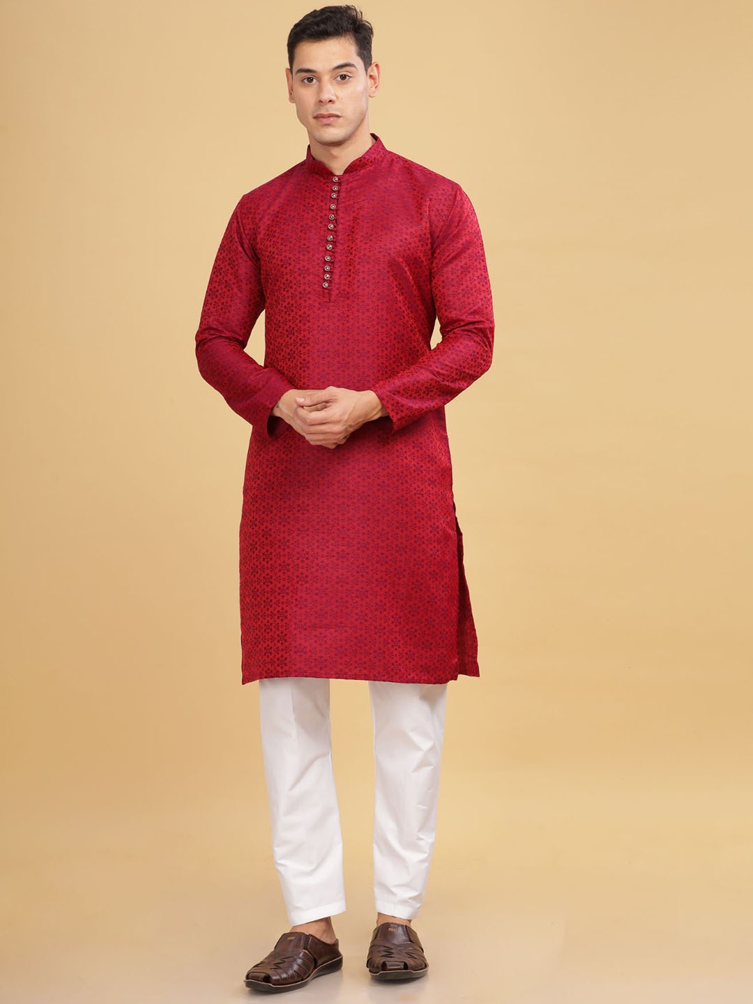 

Anouk Men Floral Self Printed Long Kurta, Red